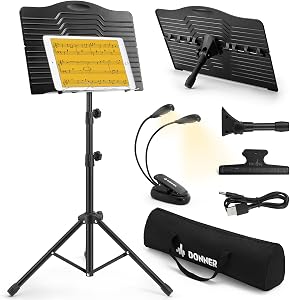 Donner Sheet Music Stand with Light, DMS-1 Portable Metal Ipad Music Stand, Tabletop Music Book Stand for Guitar, Ukulele, Violin Players