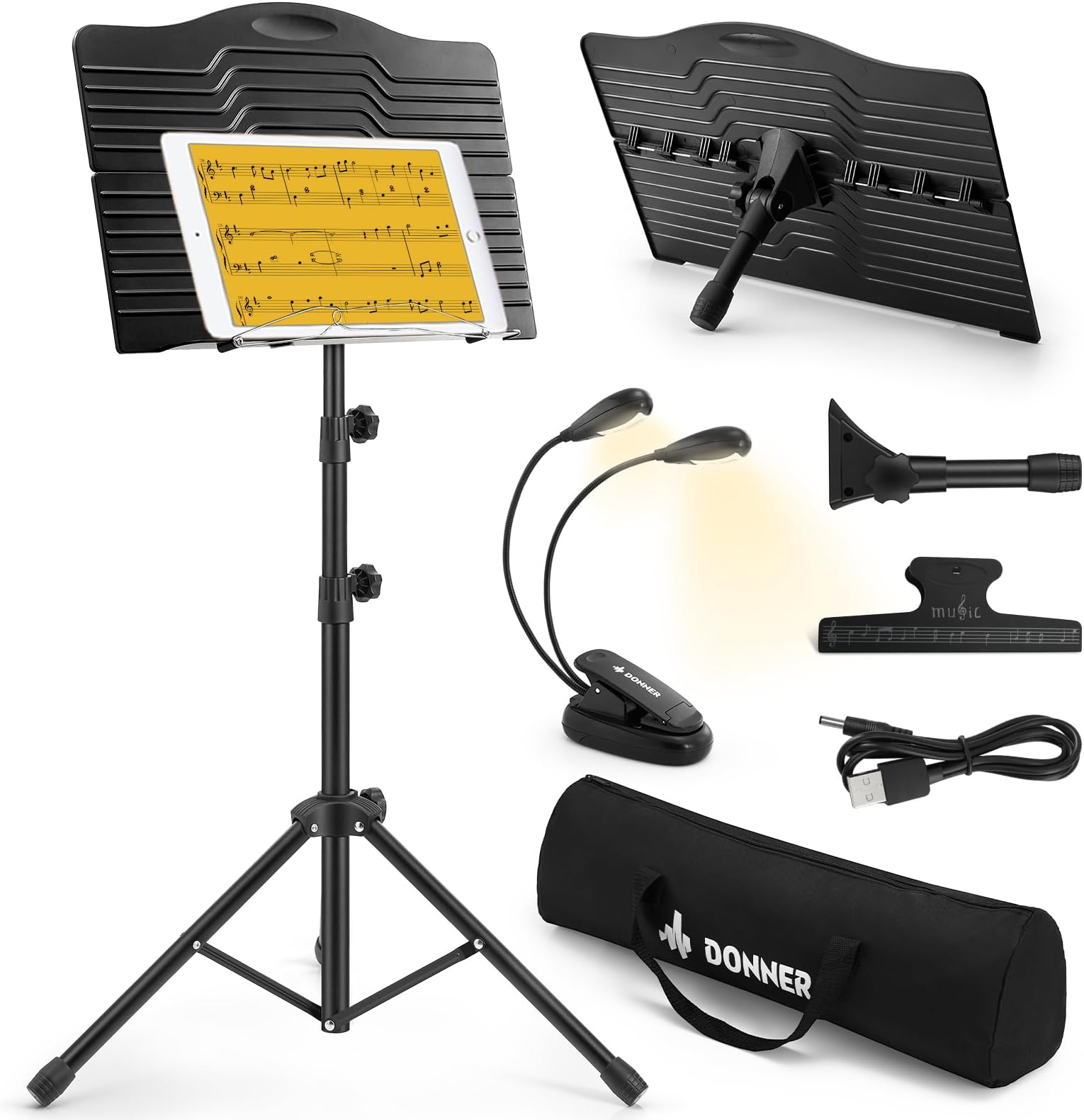 Donner Sheet Music Stand Foldable Travel Metal Stand Adjustable DMS-1 with Carrying Bag, Rotating Chargeable Music Light and Clip Holder, Portable Projector Stand, Laptop Stand, Music Folder