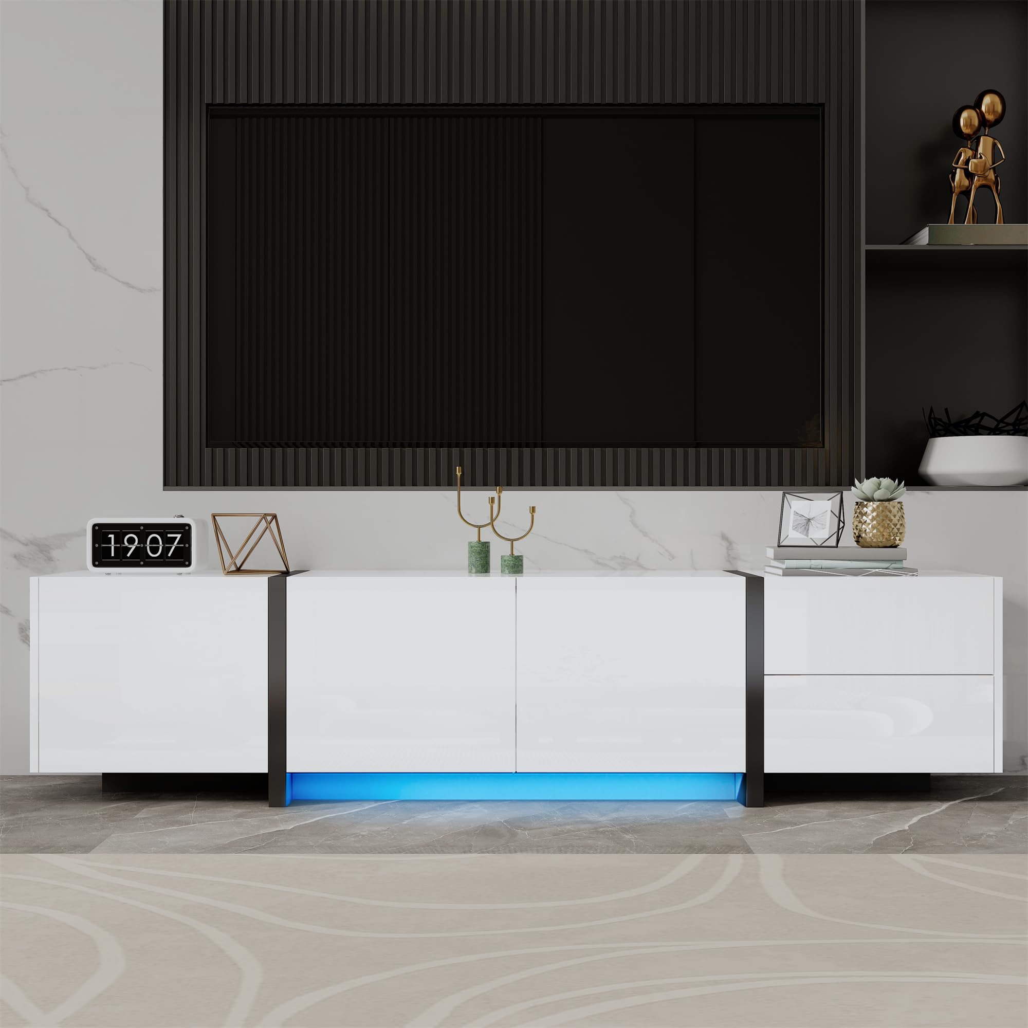 BTM TV Cabinet, White High Gloss TV Stand with 4 Storage Cabinets and 1 Drawer, 170x29.5x40cm