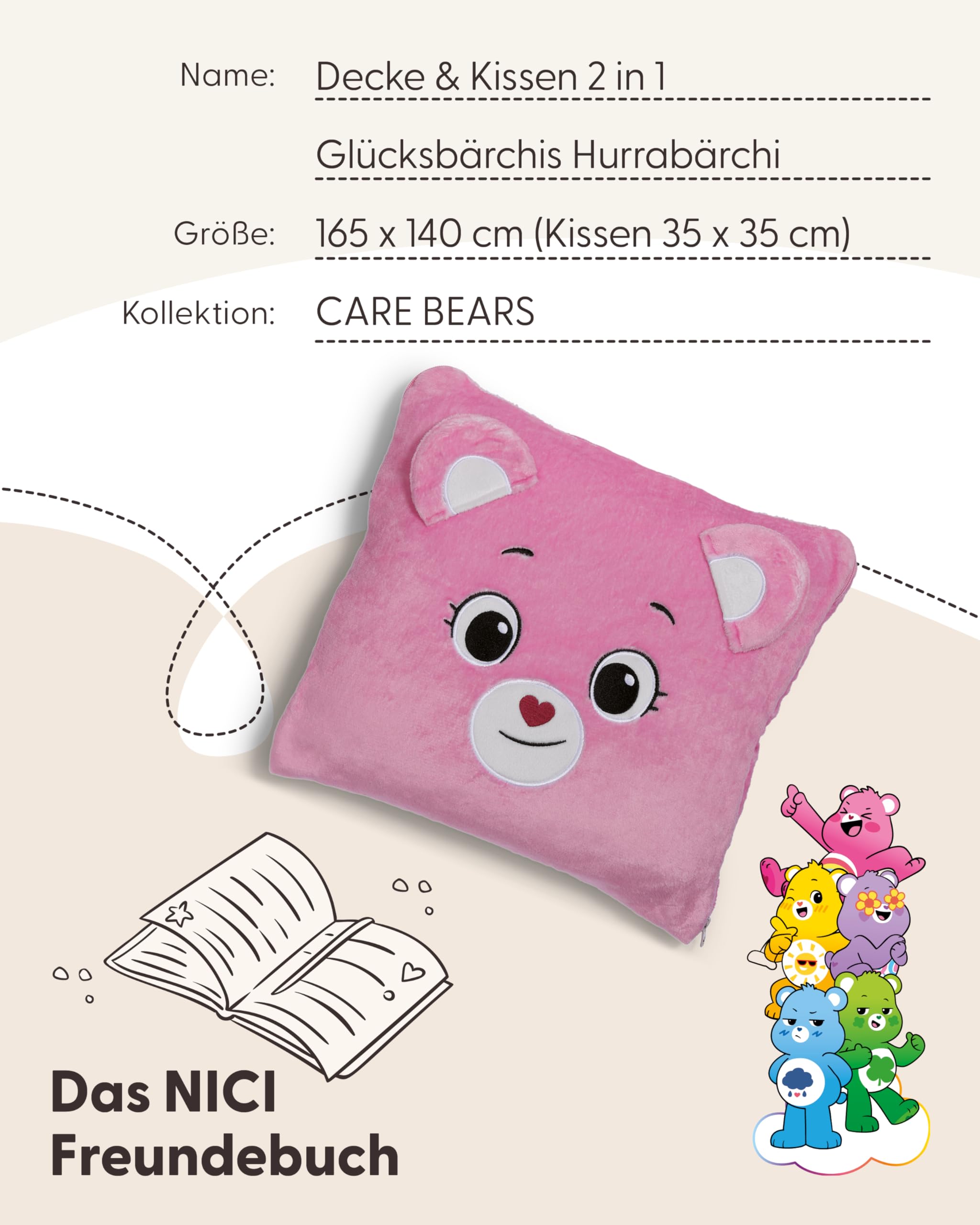 NICI Kuscheldecke & Kuschelkissen 2in1 Glücksbärchis Hurrabärchi 165x140cm pink Coral-Fleece Reisekissen