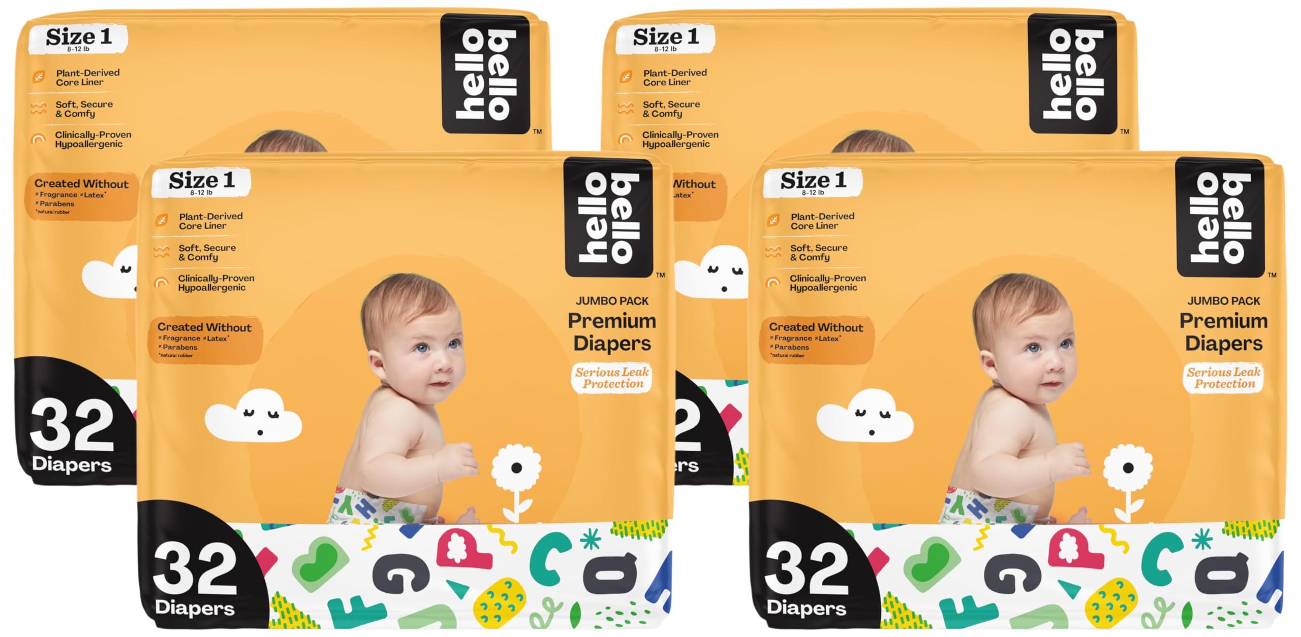 Hello Bello Premium Baby Diapers Size 1 I 32 Count of Disposable, Extra-Absorbent, Hypoallergenic Baby Diapers with Snug and Comfort Fit I Alphabet Soup (Pack of 4)
