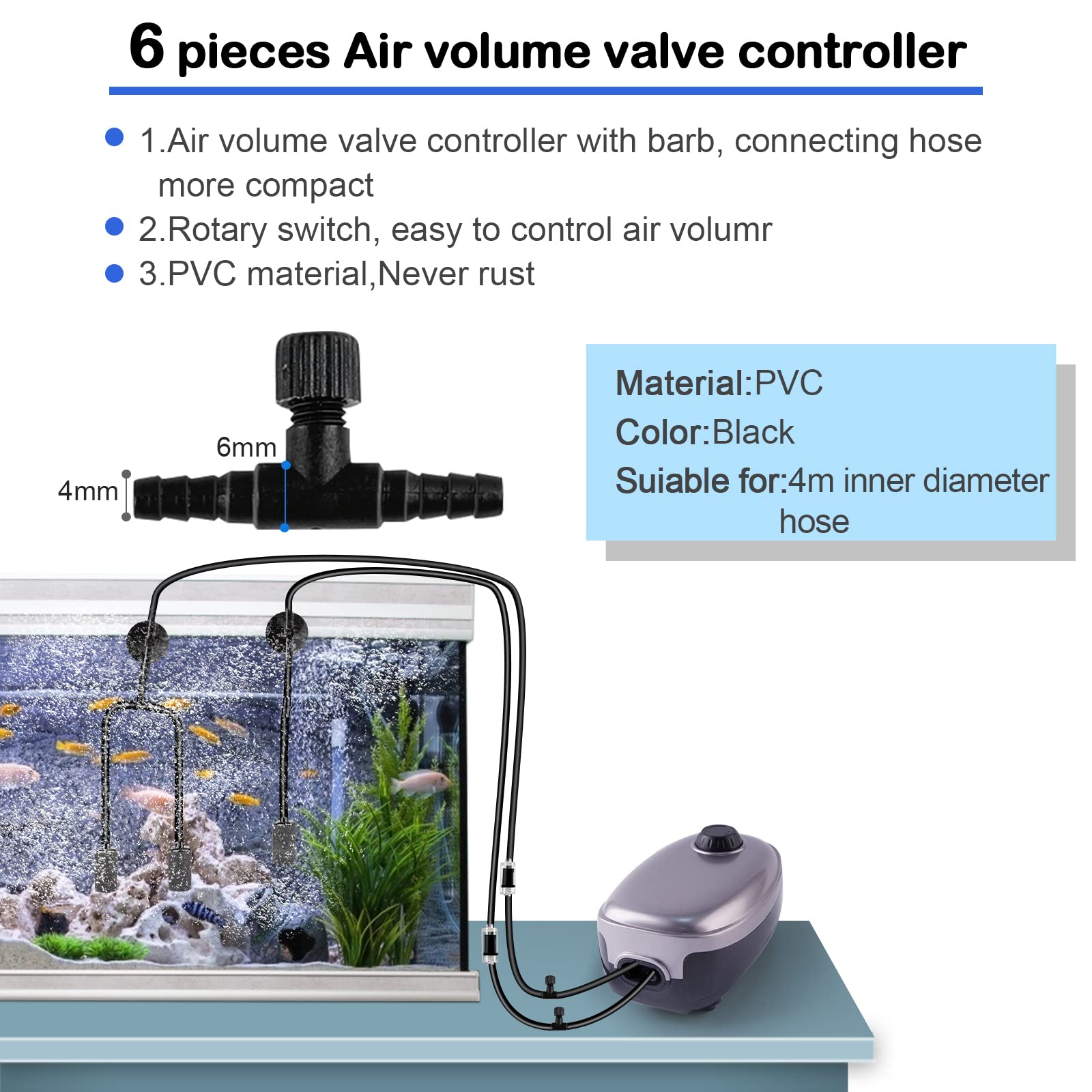 NestBasics Tubo de aire para acuario de 100 pies, color negro, 12 piedras de aire para acuario, 12 comprobaciones de valor para pecera, 12 ventosas de acuario, 6 controladores de aire de acuario y