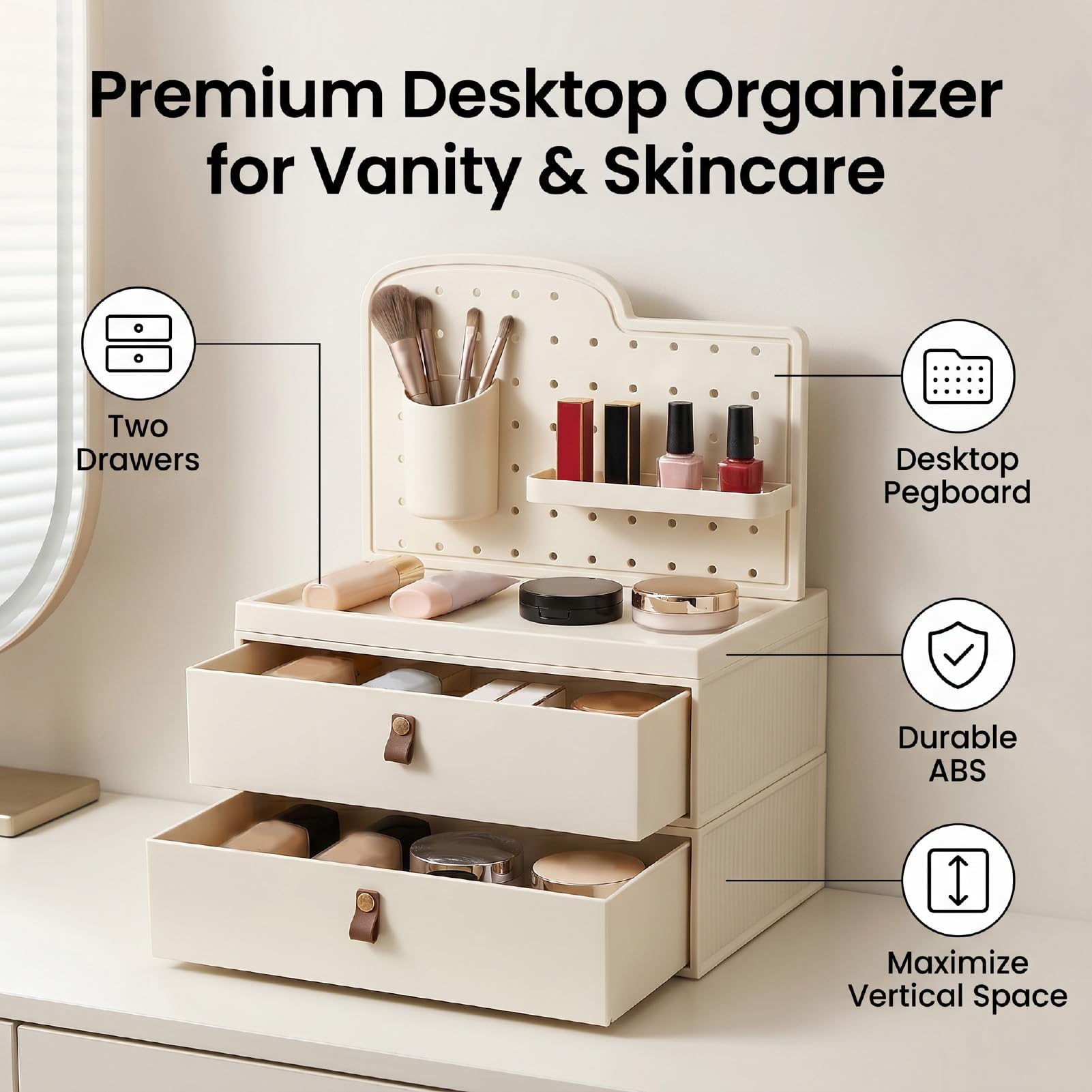 Asixxsix Organizador de Maquillaje con 2 Cajones, Caja Almacenamiento Cosméticos ABS Diseño Tablero Integrado Prueba Polvo, Vitrina Compacta Lápices Labiales Brochas Cosméticos