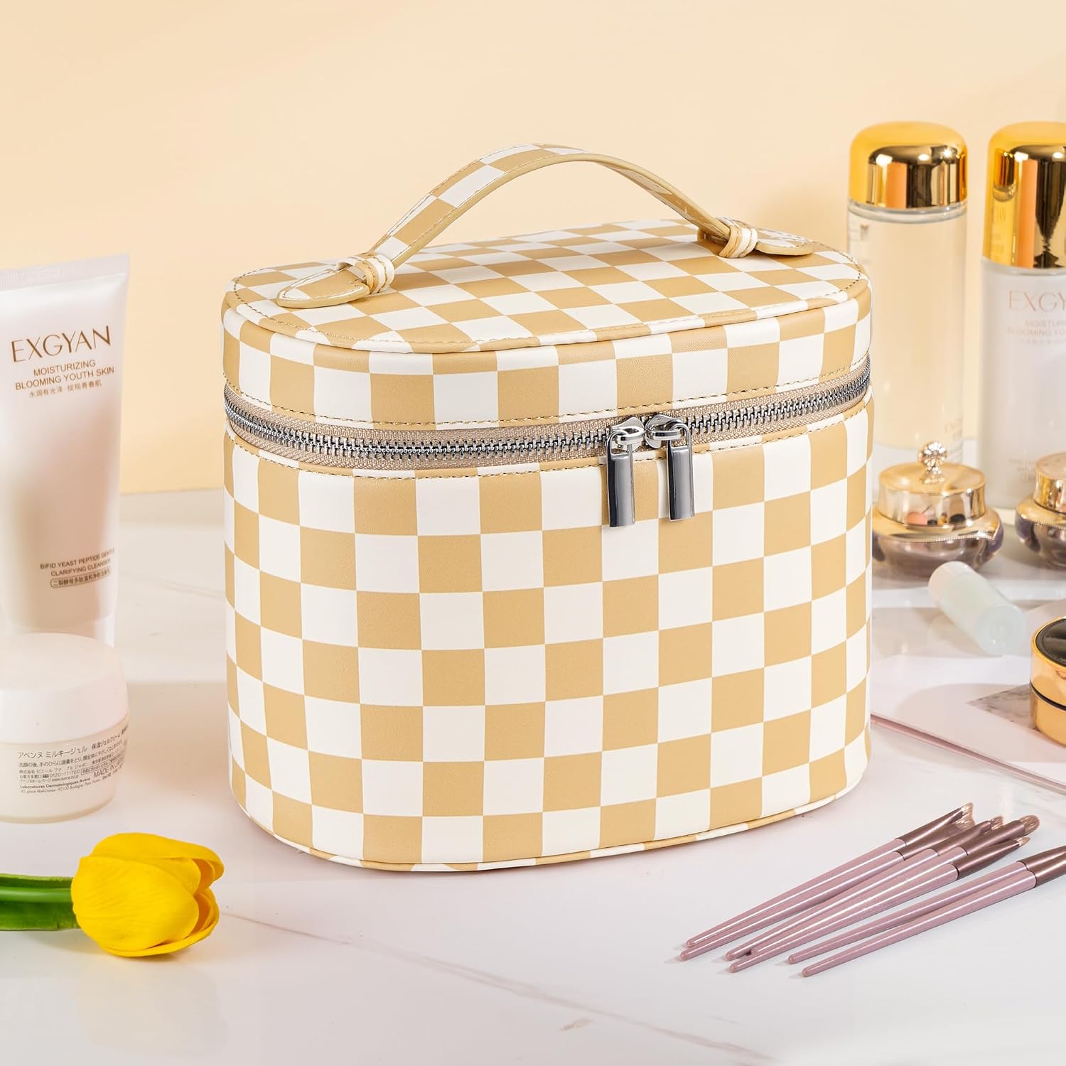 Makeup Bag Vanity Case, Beige and White image 4