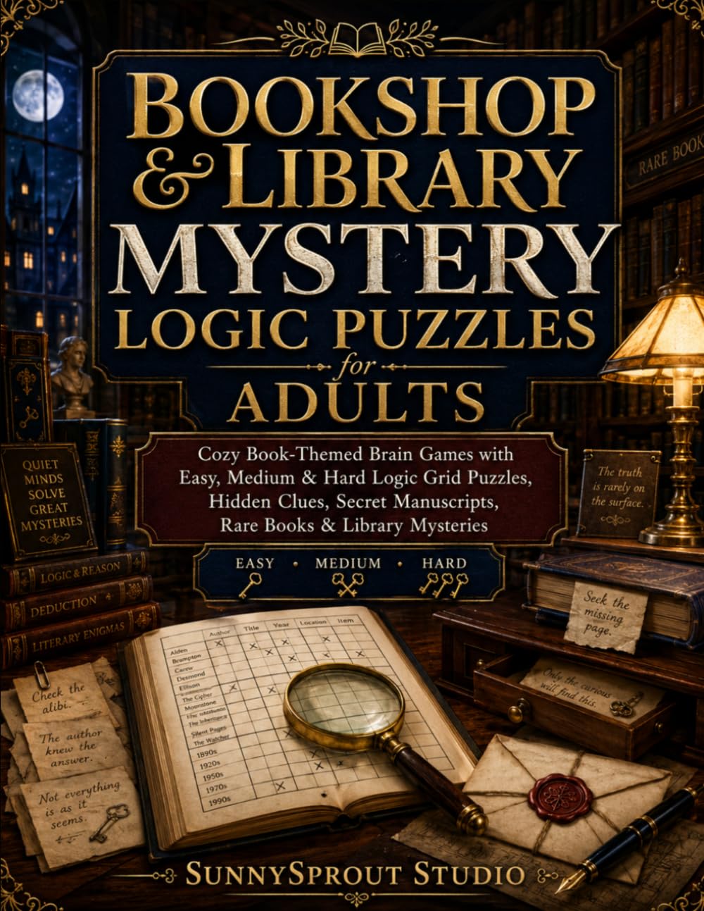 Bookshop & Library Mystery Logic Puzzles for Adults: Cozy Book-Themed Brain Games with Easy, Medium & Hard Logic Grid Puzzles, Hidden Clues, Secret ... Mysteries (Cozy Murder Mystery Logic Puzzles)