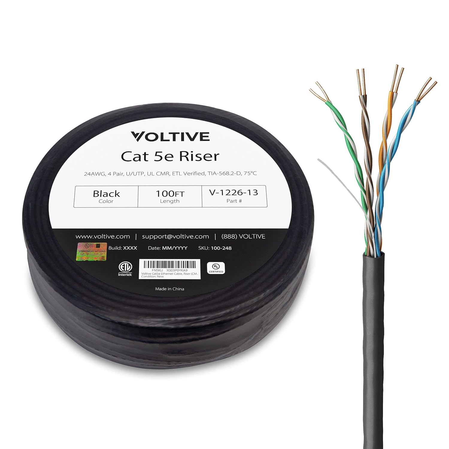 Voltive Cat5e Ethernet Cable, Riser (CMR), Black, 100ft - 24AWG 4 Pair Solid Bare Copper, UTP, 350MHz, UL Certified & ETL Verified - V-1226-13