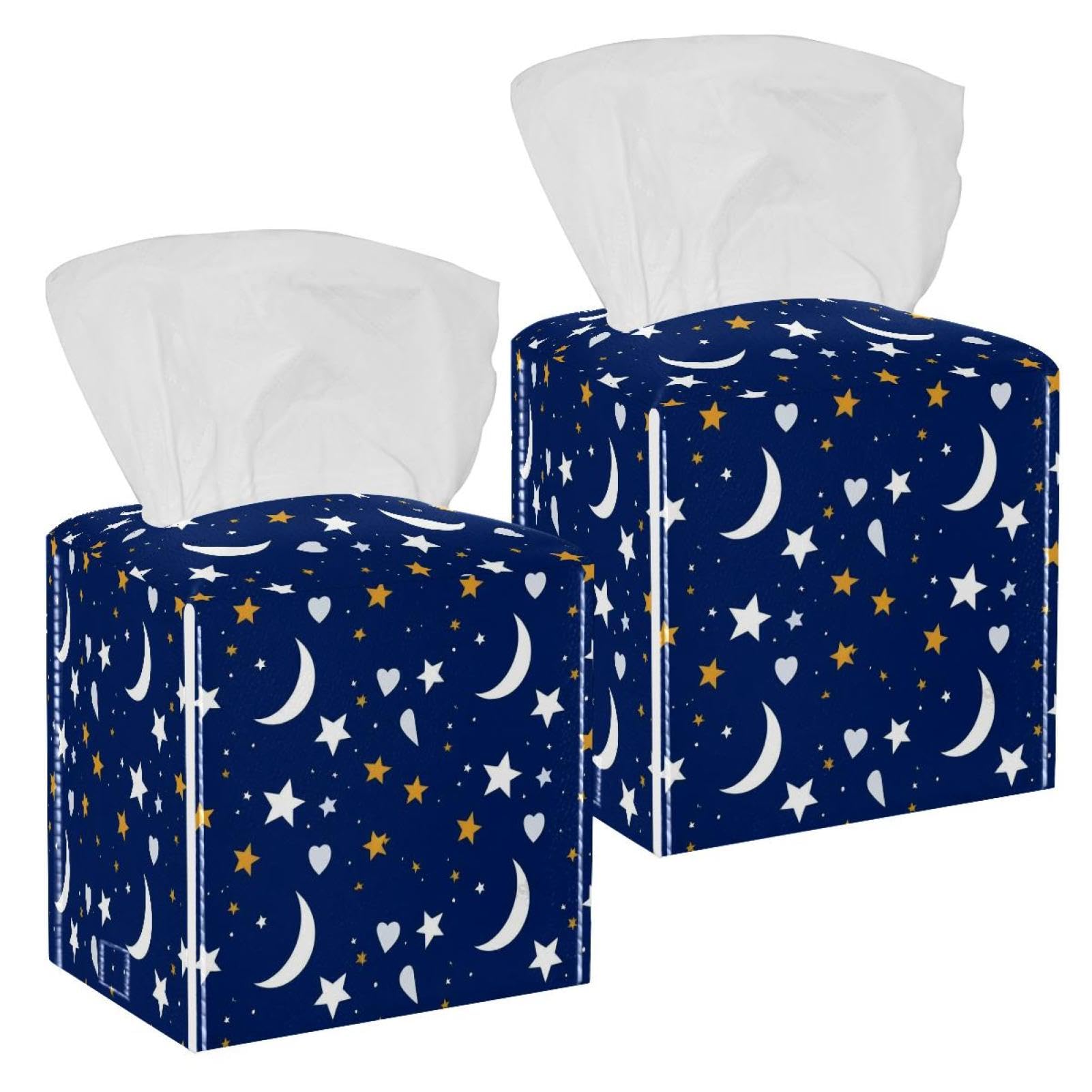 Artistic Stars Tissue Box Cover, 2 Pack PU Leather Square Facial Tissue Dispenser Box holder for Home Office Car