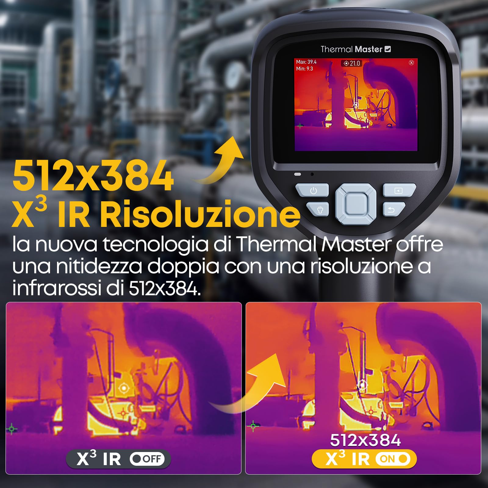 Termocamera Risoluzione IR super 512x384 Termocamera a infrarossi per ispezioni industriali Schermo da 3,5 pollici 2M pixel Termocamera visiva, -20°C - 550°C Termocamera portatile 40mK (Thor002)