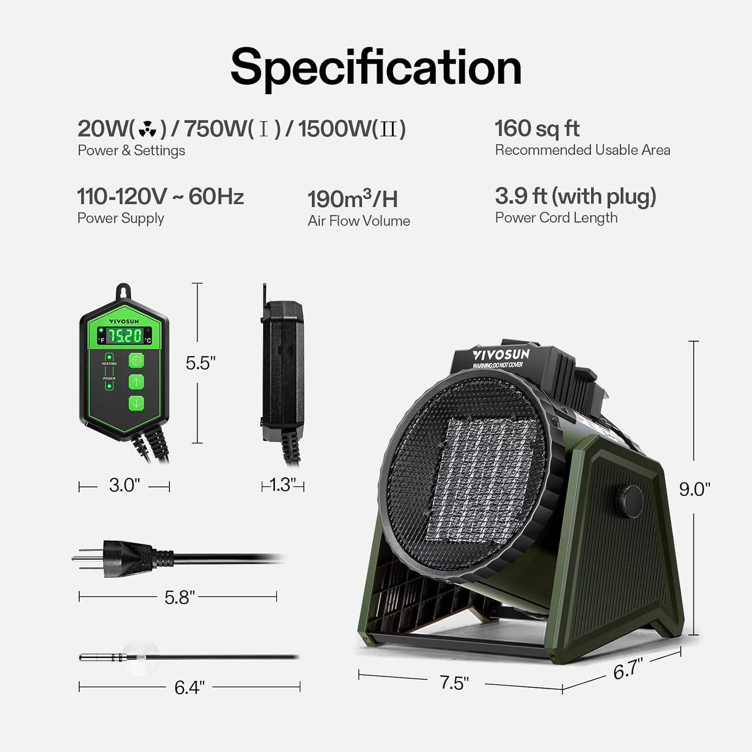 Diagram showing the VIVOSUN heater effectively heating a room up to 160 square feet.