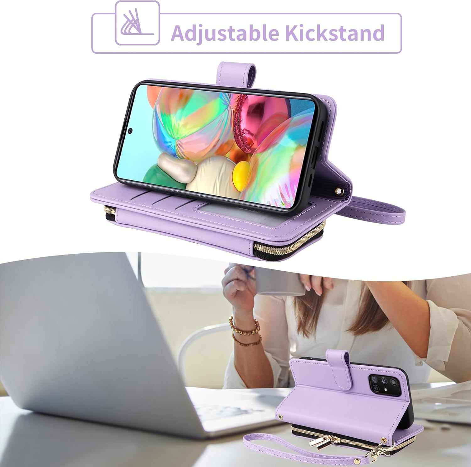 Argyle Wallet Case for Samsung Galaxy A71 5G with Wrist Strap Shoulder Strap 9+ Card Slots Zipper Purse, Luxury PU Leather Stand Checkered Cell Phone Cover for A 71 G5 71A S71 Women Purple