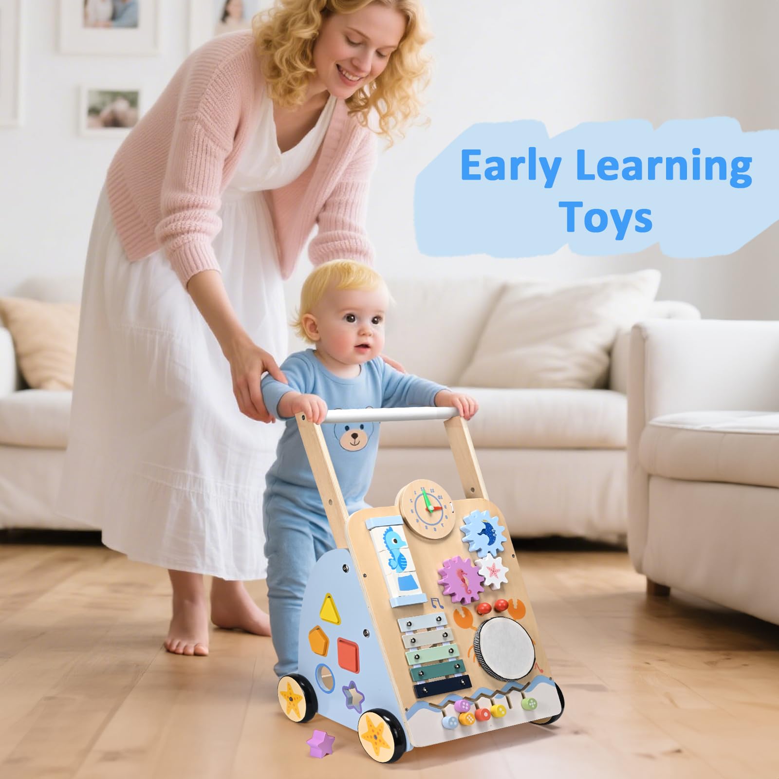 Girello per Bambini di Legno, 8 in 1 Carrello Bambini con I Mattoncini, Girello Neonato 6-12 Mesi, Carrello Primi Passi Legno Montessori, Adatto per Regali di Prima Educazione