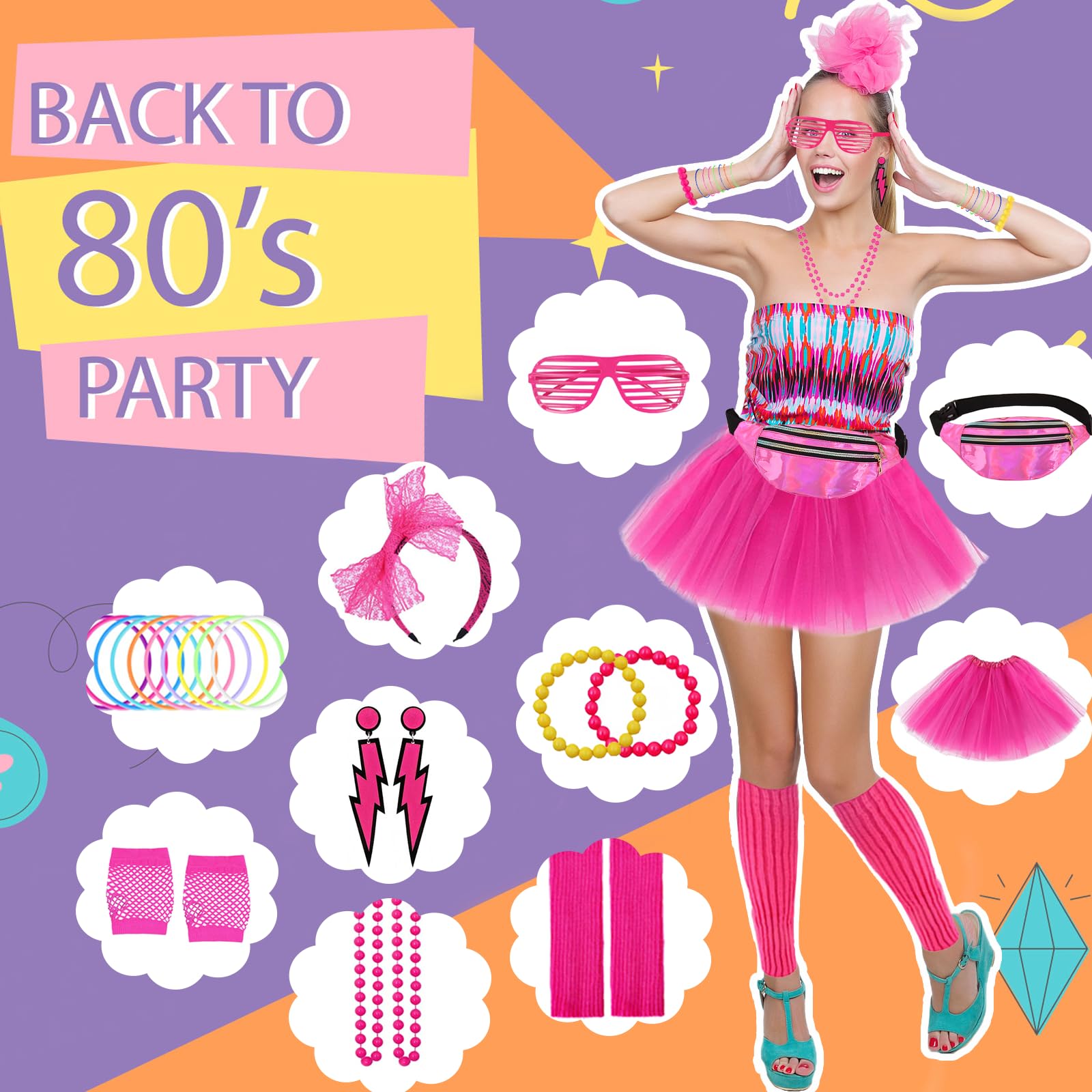 Grantop Zestaw 28 damskich strojów w stylu lat 80-tych XX wieku, w stylu lat 80., t-shirt, tutu, torba na brzuch, kolczyki, rękawice siatkowe, akcesoria na imprezę w stylu retro 80., kostium lat 80
