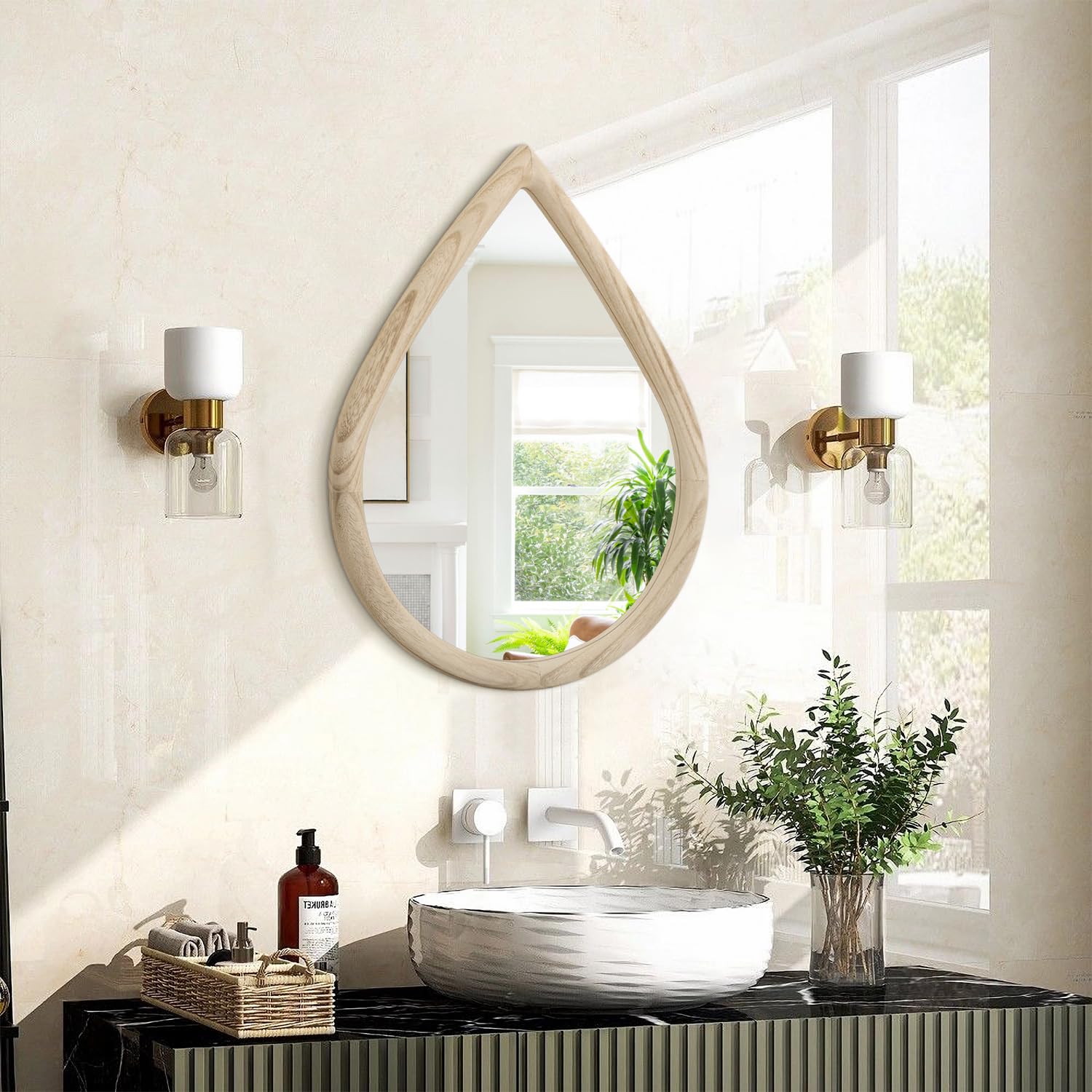 FEUFOAM Teardrop Mirror with Natural Wood Frame - Small Wall Hanging Irregular Mirror for Decorative Farmhouse Bedroom Bathroom Entryway