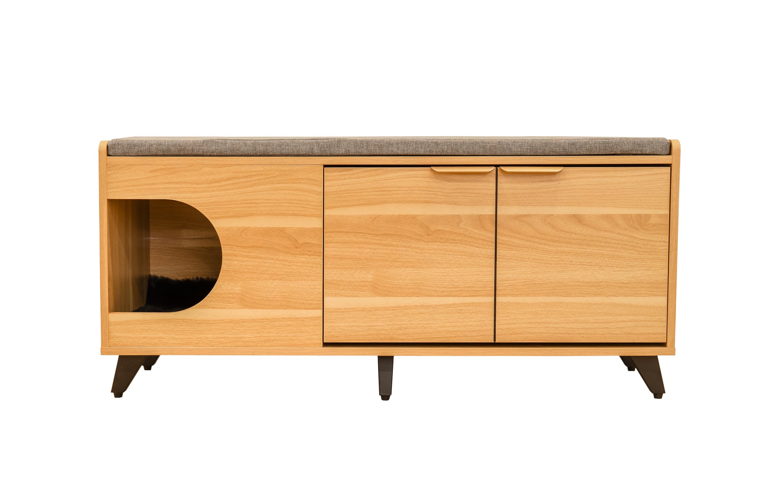 Tucker Shoe Cabinet with Pet Nook, Hallway Shoe Cabinet with Seating and Cat Cave. (Oak)