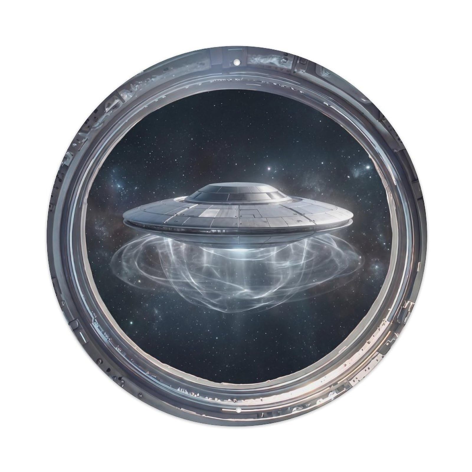 Metal Tin Sign Hovering Saucer from Space Station Porthole