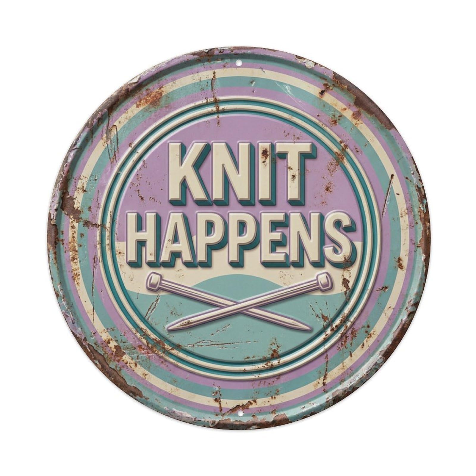 Knit Happens Nostalgic Hanging Ornament Retro Slogans Vintage Metal Tin Sign Plaque Wall Decor for Cafe, Club, Garden Round Metal Poster 8x8Inch