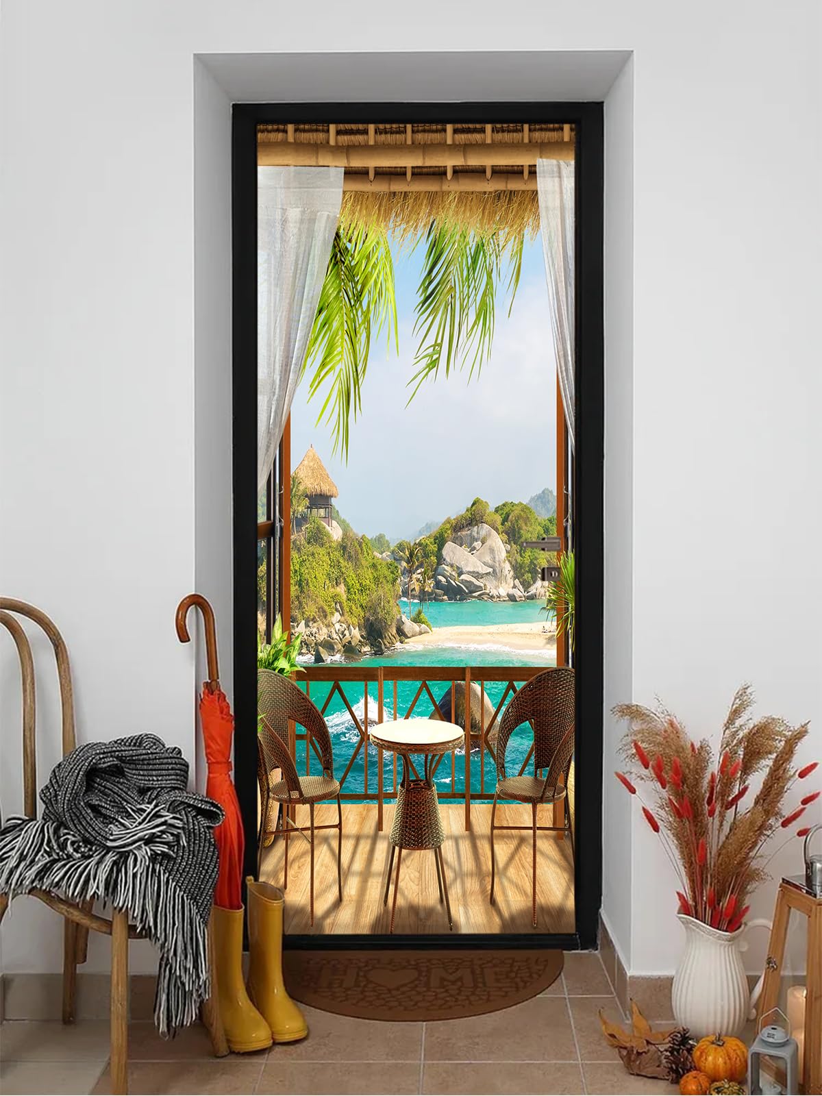 Autocollant de porte trompe l'oeil mer : lot de 2 stickers muraux 3D imperméables pour balcon