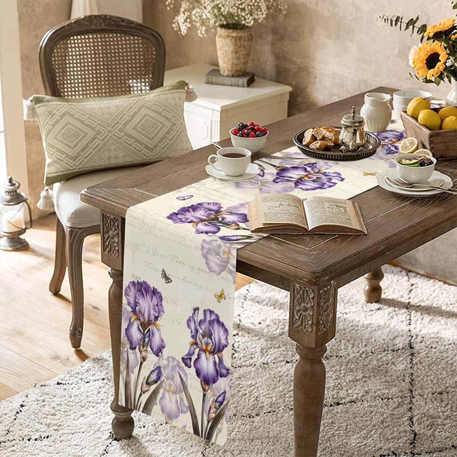 Vintage Blossom Flower Iris Table Runners 18x72 Inches Long Linen Burlap Table Runner, Pastoral Purple Floral Butterfly Table Cover Dresser Scarf for Kitchen Dining Holiday Party Wedding Gathering