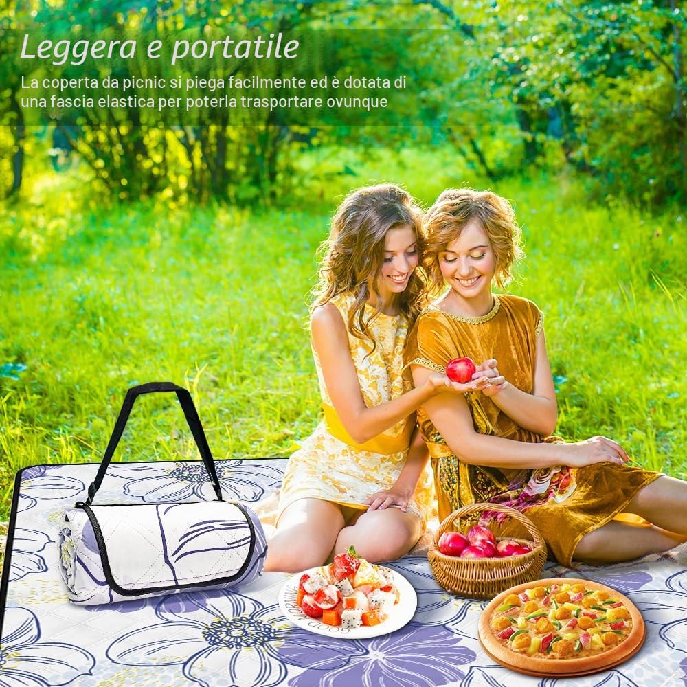 Bseical Coperta da Picnic Lavabile - 200 x 200cm Coperta da Spiaggia Impermeabile Senza Sabbia XXL Coperta da Campeggio, Stuoia da Spiaggia Isolata con Maniglia di Trasporto per 4-6 Persone