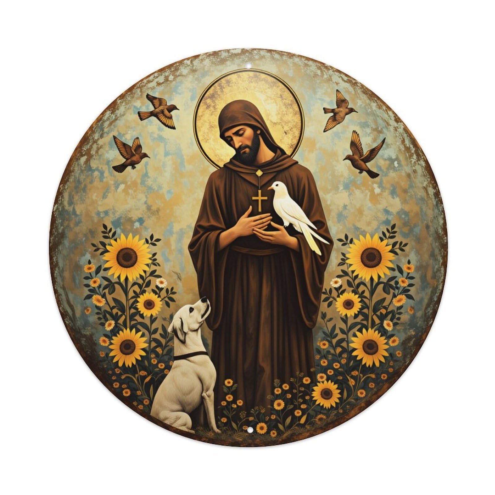 Saint With Dove And Dog Sunflowers Tin Sign Vintage Style Home Bar Garden Wall Plaque Decor Metal Poster 8x12 Inch