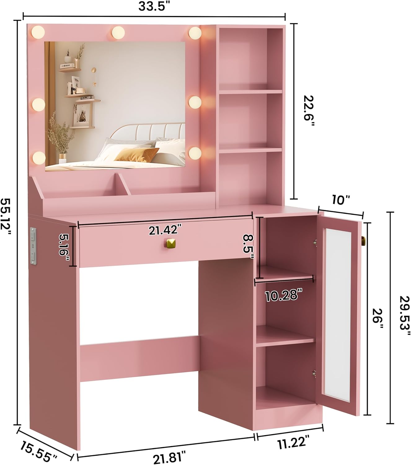 Makeup Vanity with Mirror and Lights, 34''W Dressing Table with Charging Station & RGB Glass Cabinet, Small Vanity Desk with 3 Color Lighting Modes & Adjustable Brightness