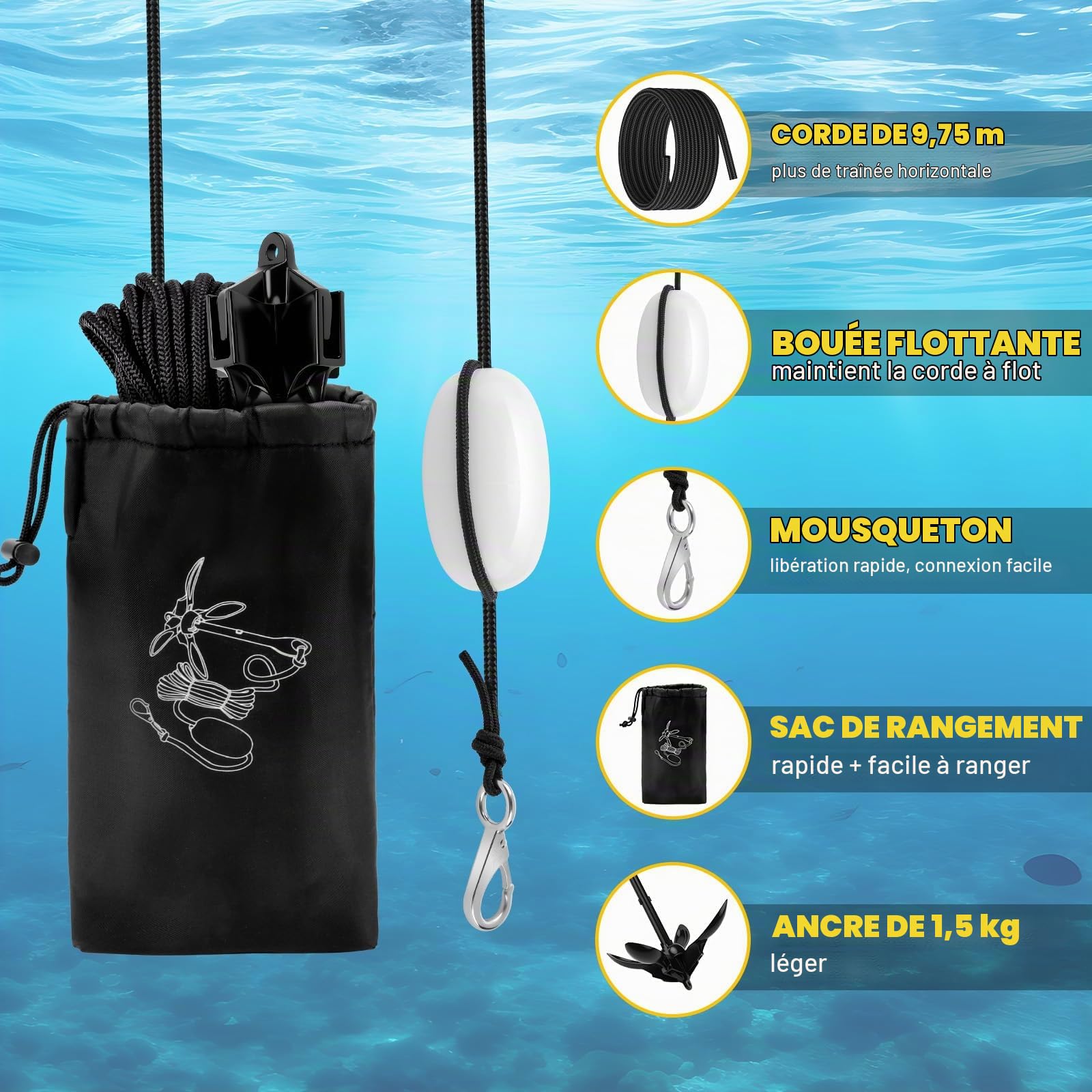 Ancre de Bateau Kit 1,59 Kg, Ancre Pliante avec Ligne d'ancrage de 10 m, Une bouée à Boule et Un Sac de Rangement, pour Kayaks, Bateaux Pneumatiques, Bateaux