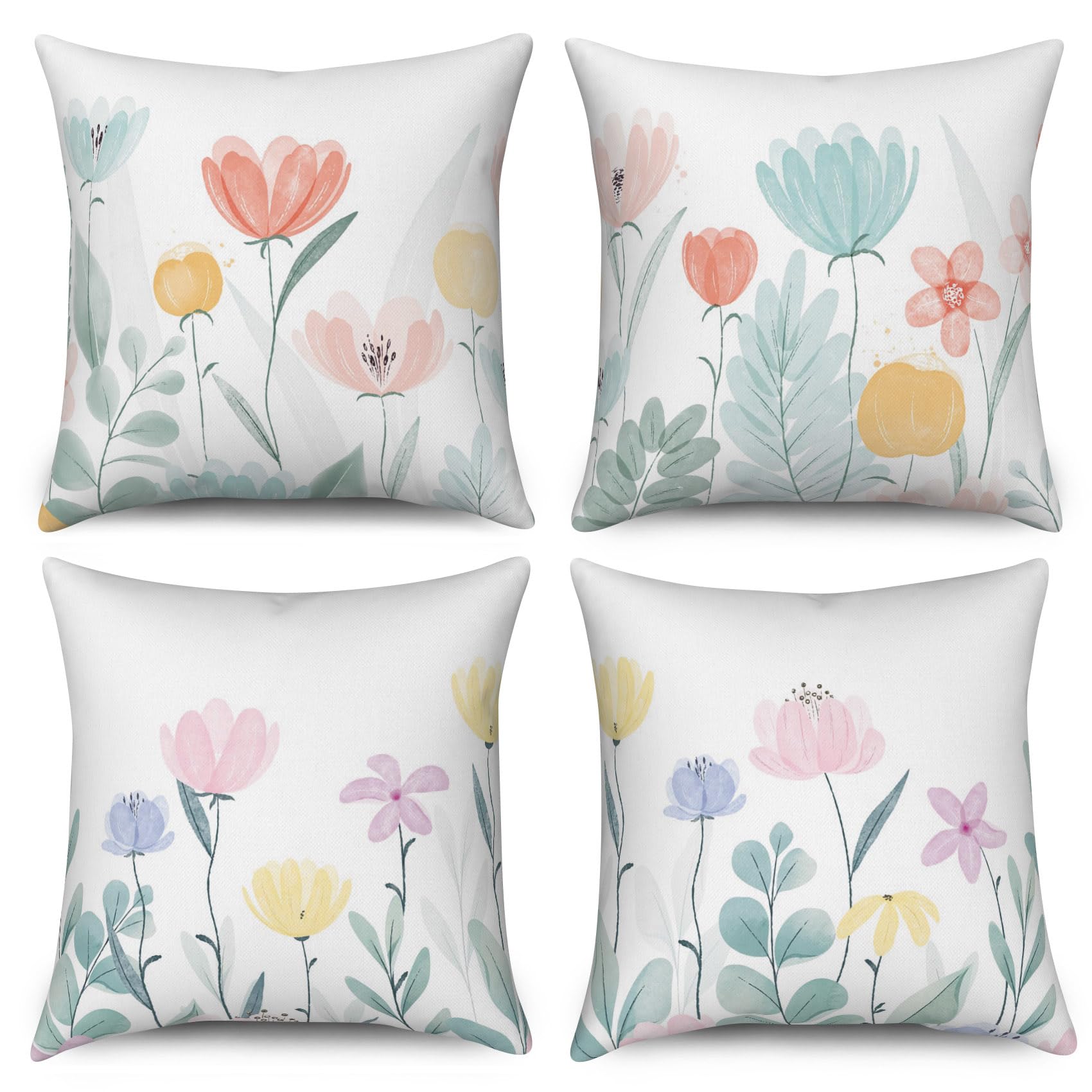 ASDCXZ Flower Pillow Cover 40x40 cm 4pcs Set, Spring Rose Yellow Purple Colorful Flower Leaves White Sofa Deco Pillow Covers Pillow Cover Washable Polyester Textile Outdoor Pillow Cover Pillow Cover