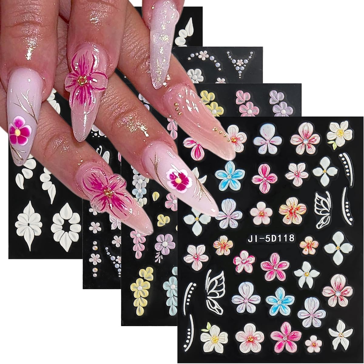 4 Blumen-Nagelaufkleber Set - 5D Selbstklebende Nailart-Sticker Für DIY Maniküre
