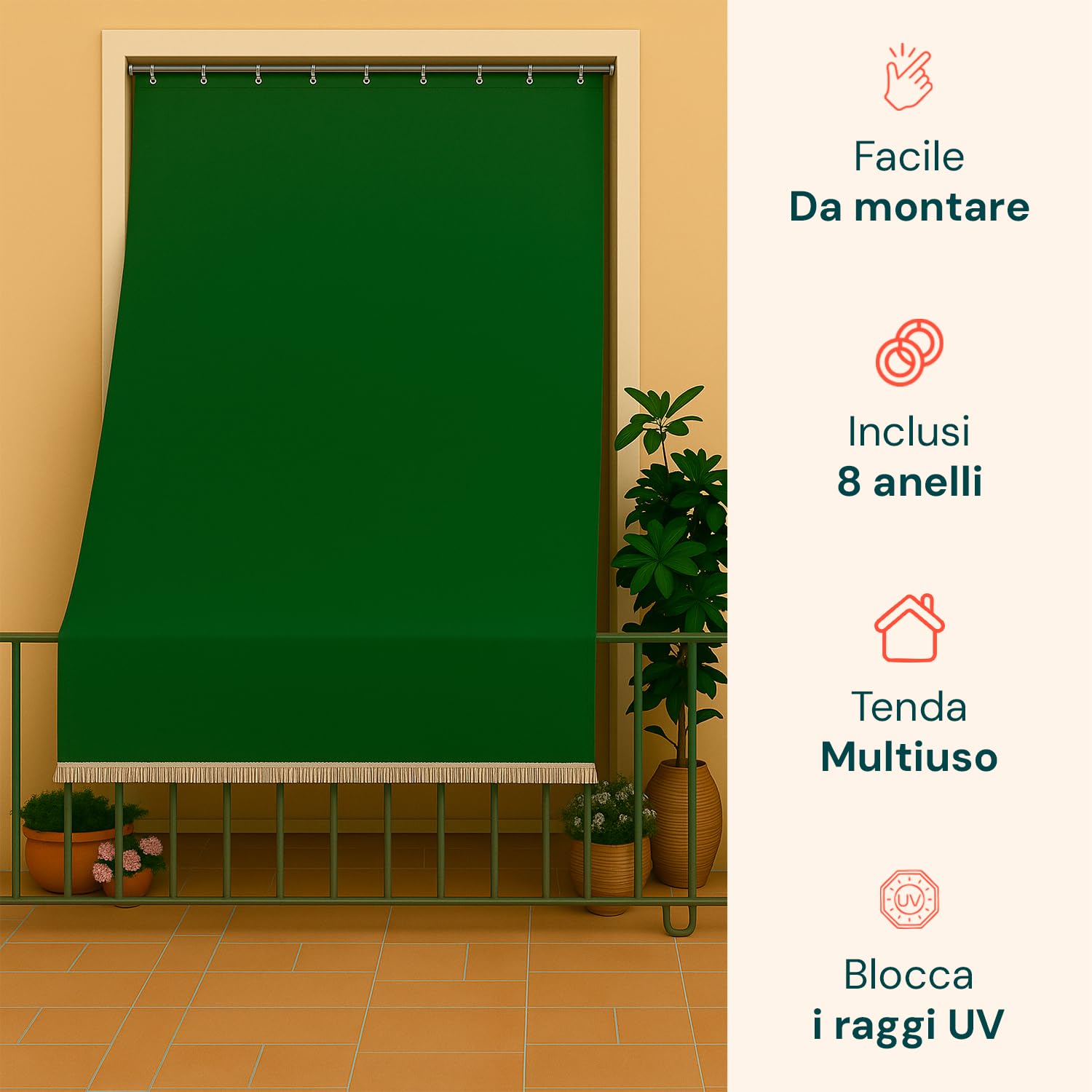 Tenda da Sole per Esterno Verde con Anelli h 300x140 cm - Tende da Sole per Esterni Rimovibili in Poliestere - Tendone Balcone Esterno Parasole per Giardino e Gazebo