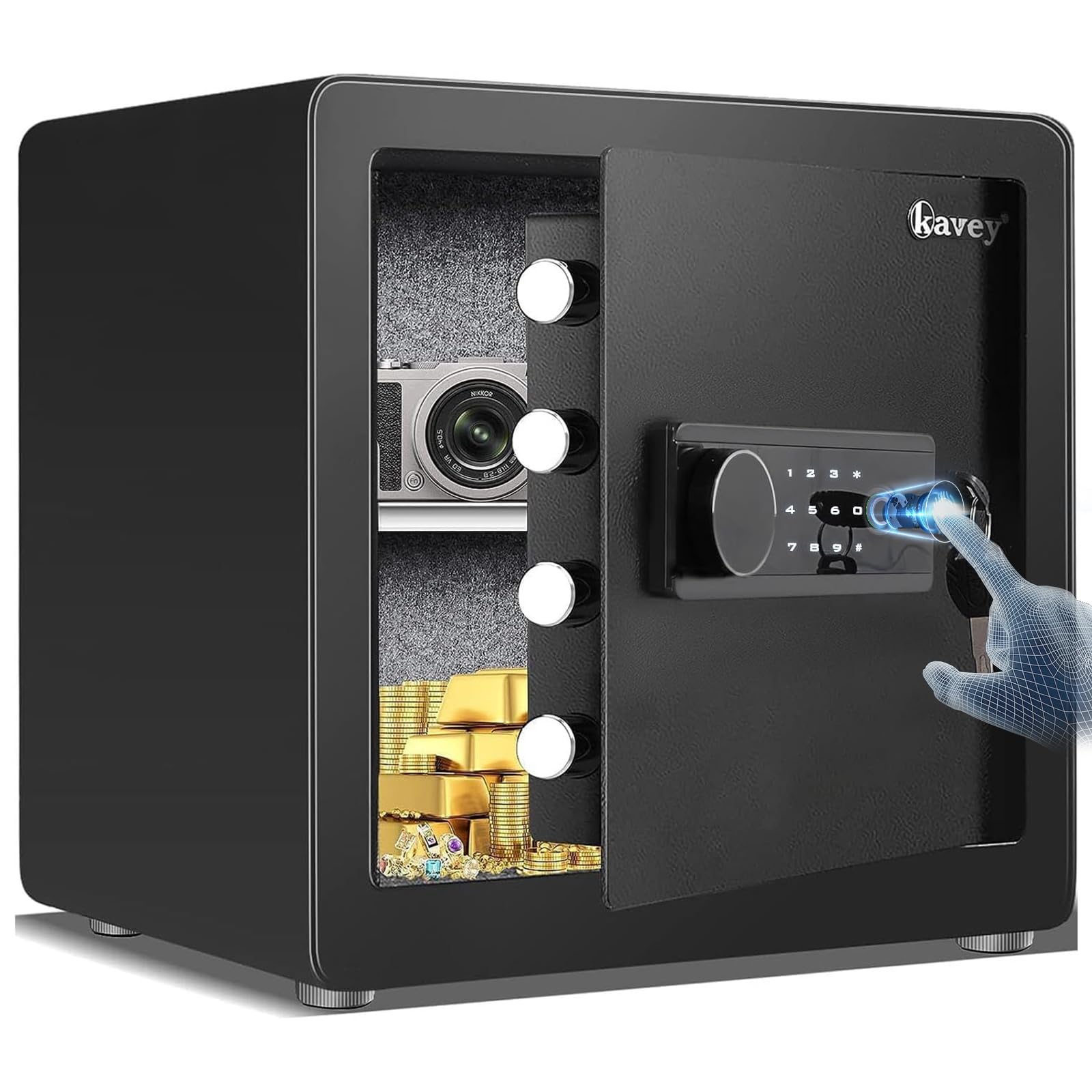 Kavey 1.6 Cub Biometric Safe, Home Safe with Backlit Touch Screen Keyapd and Dual Alarm System, Money Box with Mute Function and LED Light, Small Lock Box for Home Documents Valuables