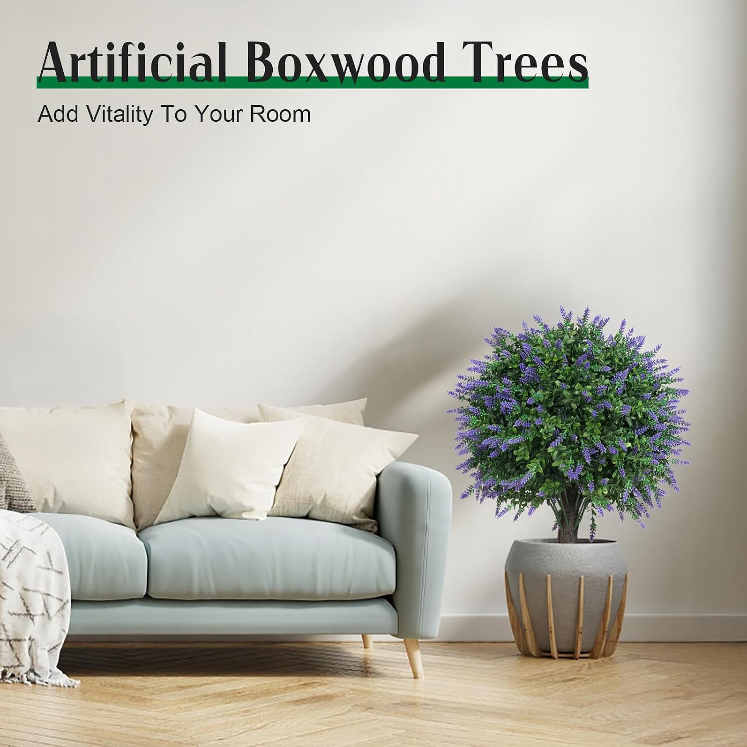 2 arbusti artificiali di bosso con picchetto, piante artificiali con lavanda, per interni ed esterni, giardino, cortile, veranda, terrazza