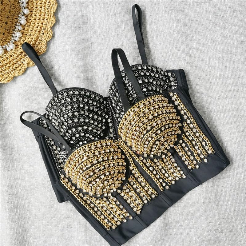 Glitter Diamond Shaping Top with Metal Decoration Sexy Low-Cut Small Camisole Tube for Outer Wear