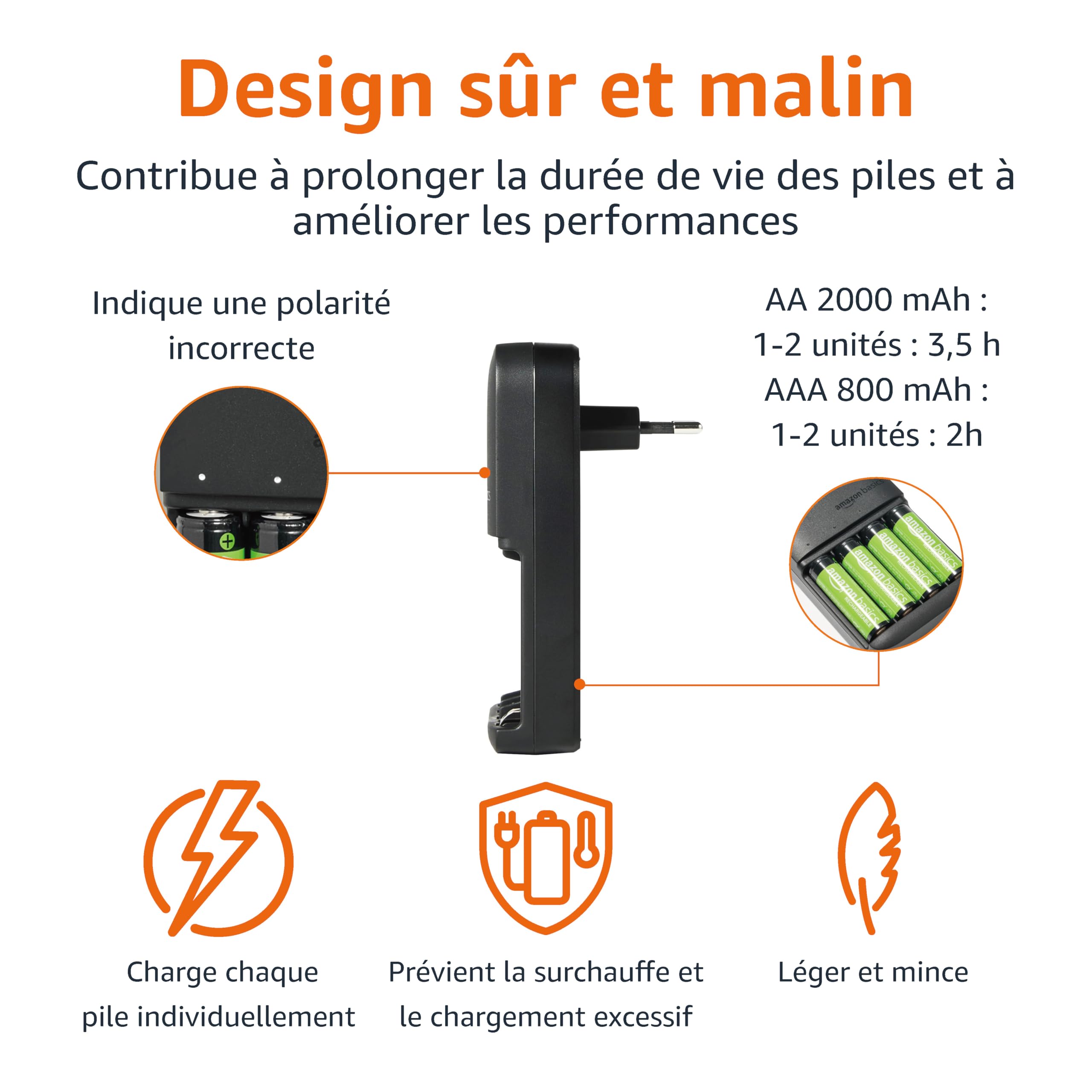 Amazon Basics NiMH rechargeables batteries (4 AAA 800mAh + 4 AA 2000mAh) avec chargeur à 4 emplacements, prise européenne, lot de 8, Noir