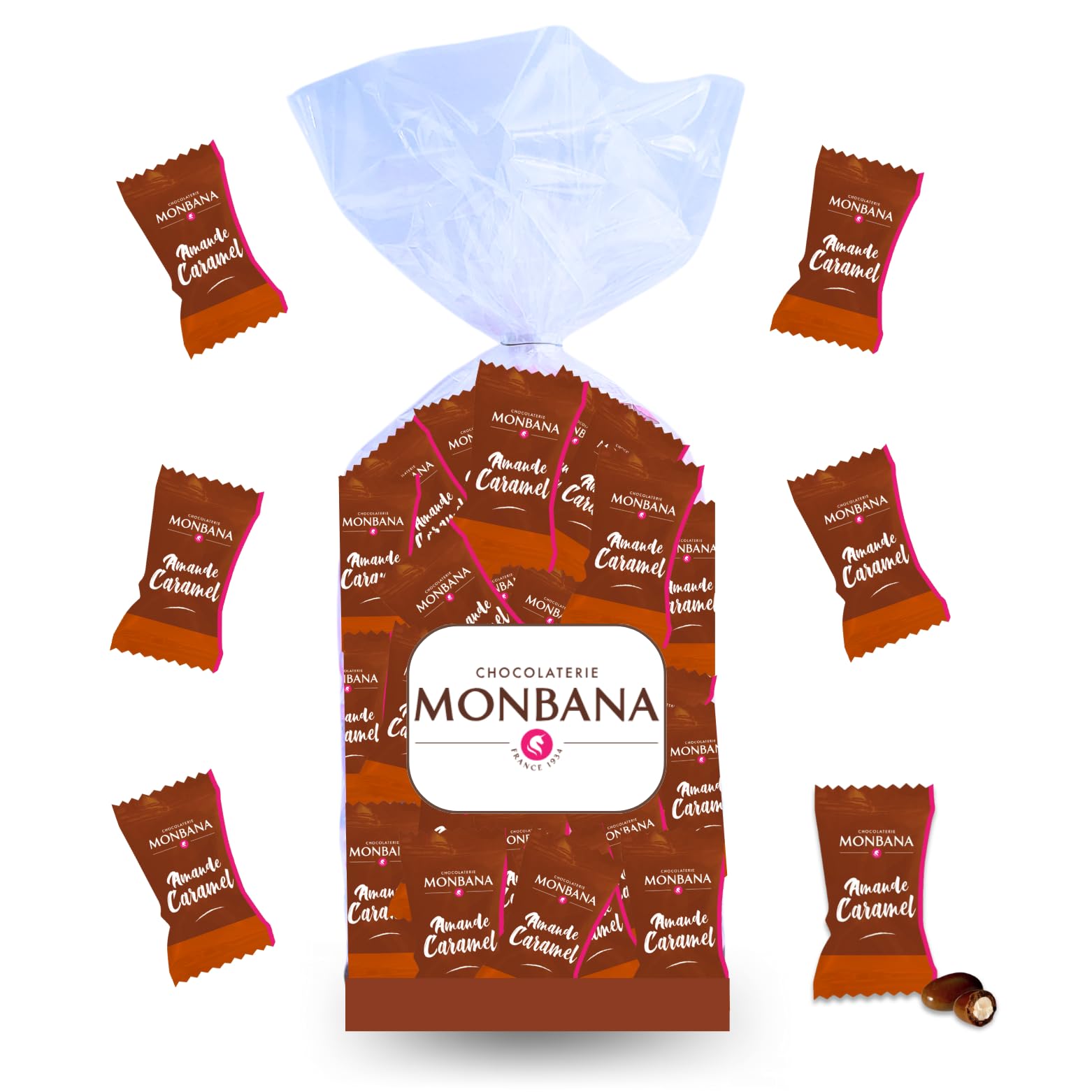 MONBANA | 100 Amandes Caramel | 350g de Délicieuses Croustilles au Chocolat à Offrir ou à Partager | Fabrication française