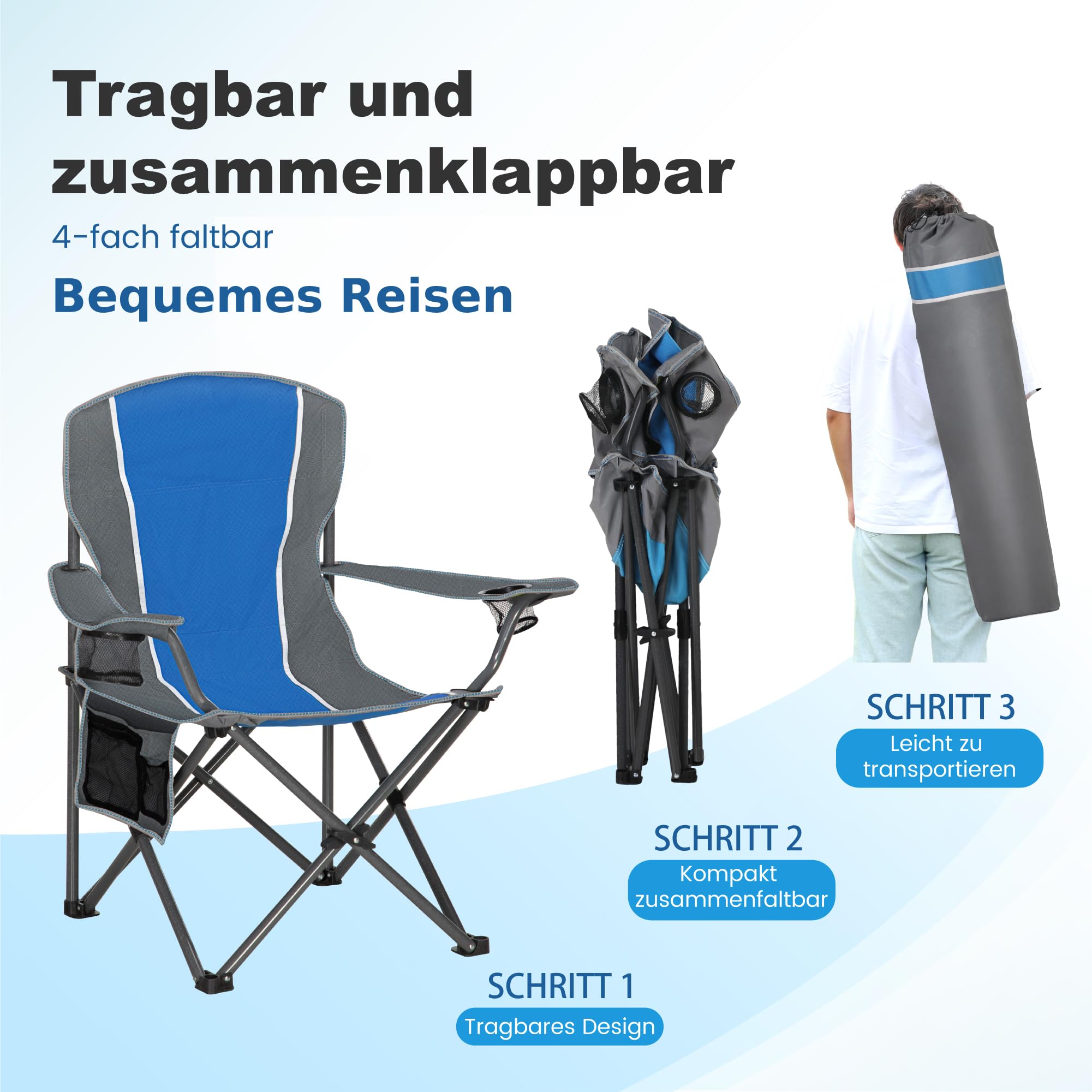 LET'S CAMP Silla plegable para camping, hasta 160 kg | Con soporte para bebidas, bolsa de transporte XL, silla plegable, color azul