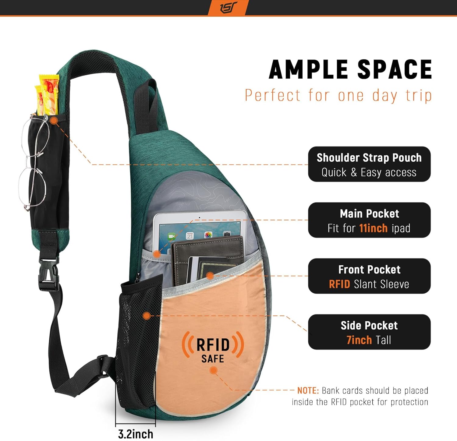 SKYSPER Sling Bag RFID Crossbody Sling Backpack Cross Body Shoulder Travel Bag Hiking Daypack for Women Men(Darkgreen) - Image 2