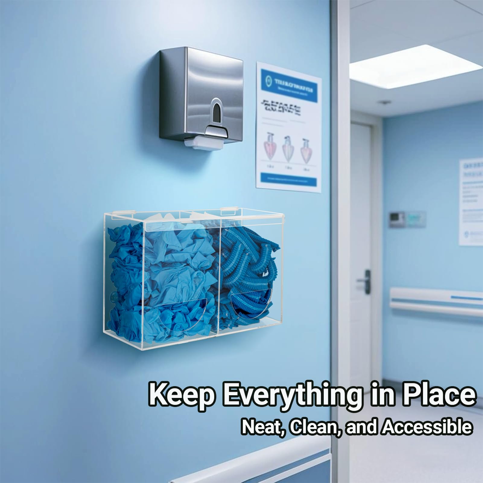 Dispenser per guanti da parete, contenitore in acrilico con 2 scomparti per guanti in gomma usa e getta, retine per capelli, tappi per le orecchie, capsule per bucato, pastiglie per