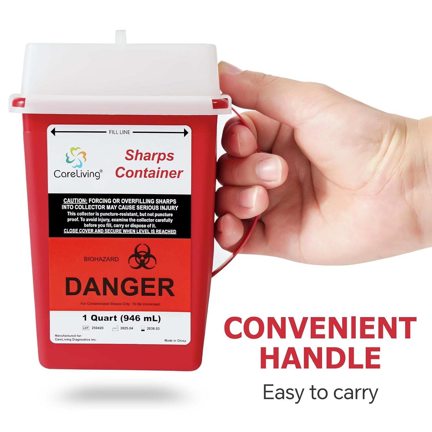 CareLiving Sharps Container, Sharps Containers for Home Use, 1 Quart (3-Pack), Needle Disposal Containers, Sharps Disposal Container, Small Portable Container for Travel