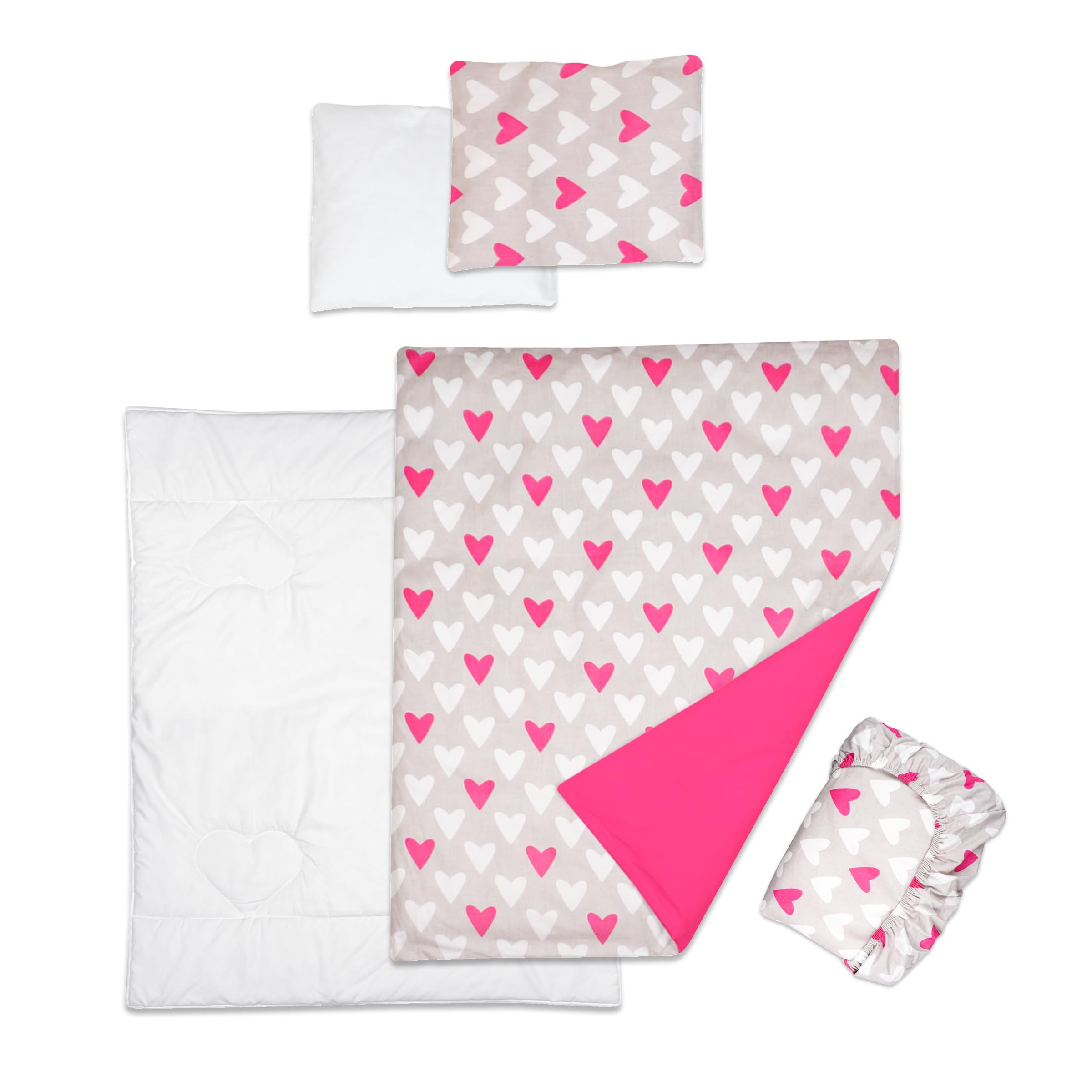 Baby Comfort 5 Piece Bedding Set Duvet Pillow with Covers & Cotton Sheet for 90x40 cm Crib 12M+ (Pink Hearts)