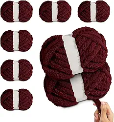 Fio de chenille jumbo grosso para crochê de tricô à mão – 8 novelos × 226,8 g (25 metros cada) fio grosso supermacio e volumoso para cobertores, cachecóis, almofadas e artesanato DIY (vinho vermelho)