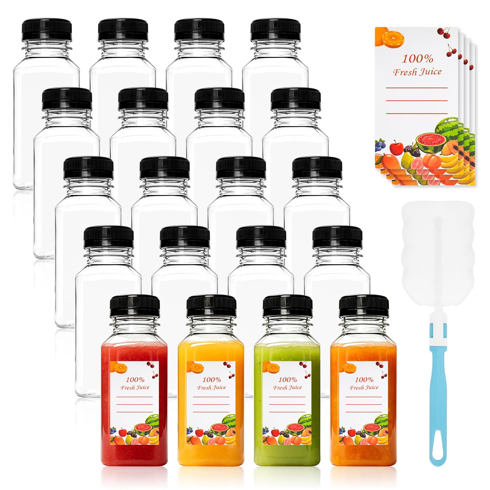20PC 250ML Plastic Juice Bottles with Cap and Brush, Shot Bottles with Lids