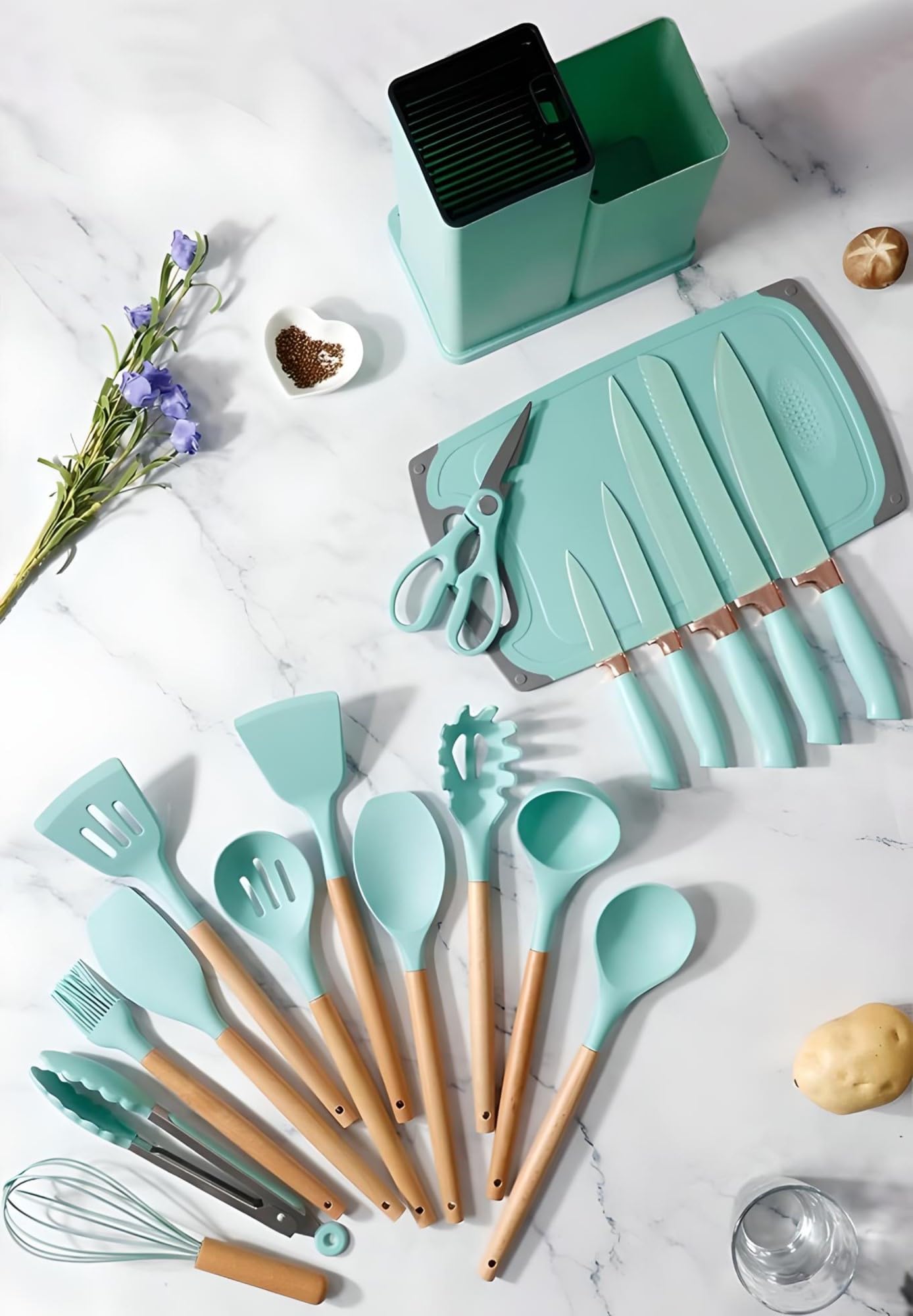 Juego de utensilios de cocina de silicona, juego de 19 utensilios de cocina antiadherentes resistentes al calor, mango de utensilios de cocina, pinzas volteadoras, espátula, cuchara, sin BPA