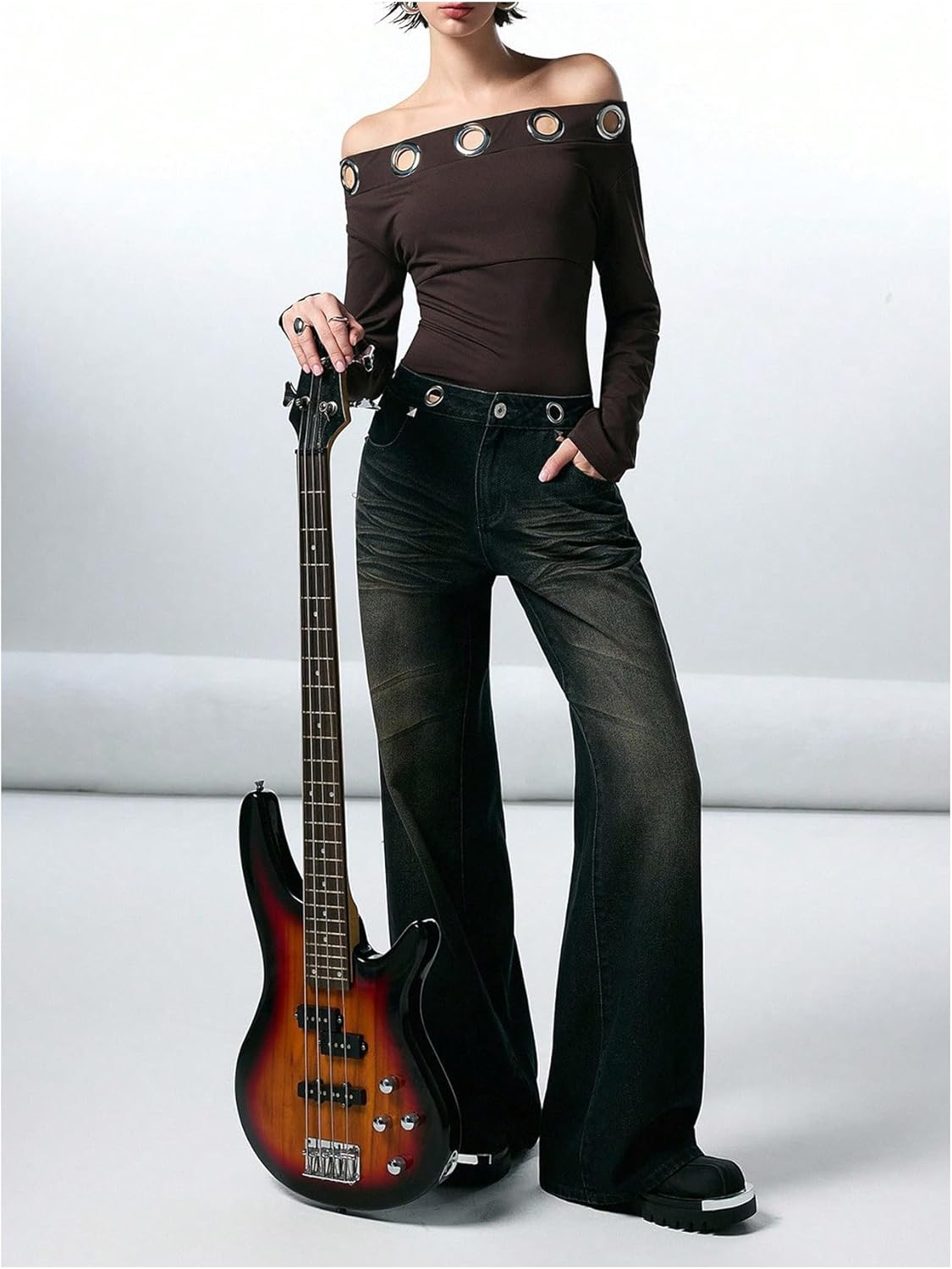 WDIRARA Women's Off The Shoulder Tops Grommet Eyelet Long Sleeve Tee Shirts Goth Punk Tops - Image 5