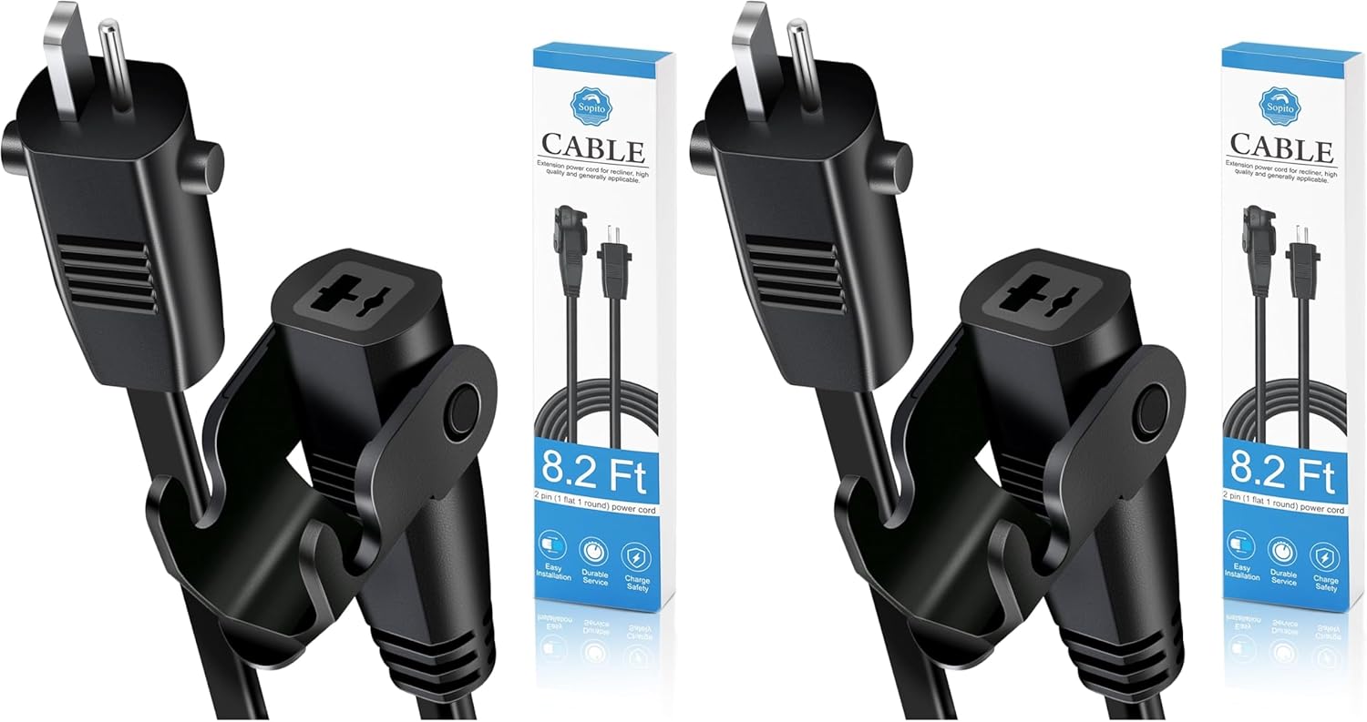 Sopito 8.2 Feet (2.5M) Extension Cord for Lift Chair or Power Recliner, Replacement Power Supply Cable for Okin Limoss Lazboy Pride Catnapper etc (Pack of 2)