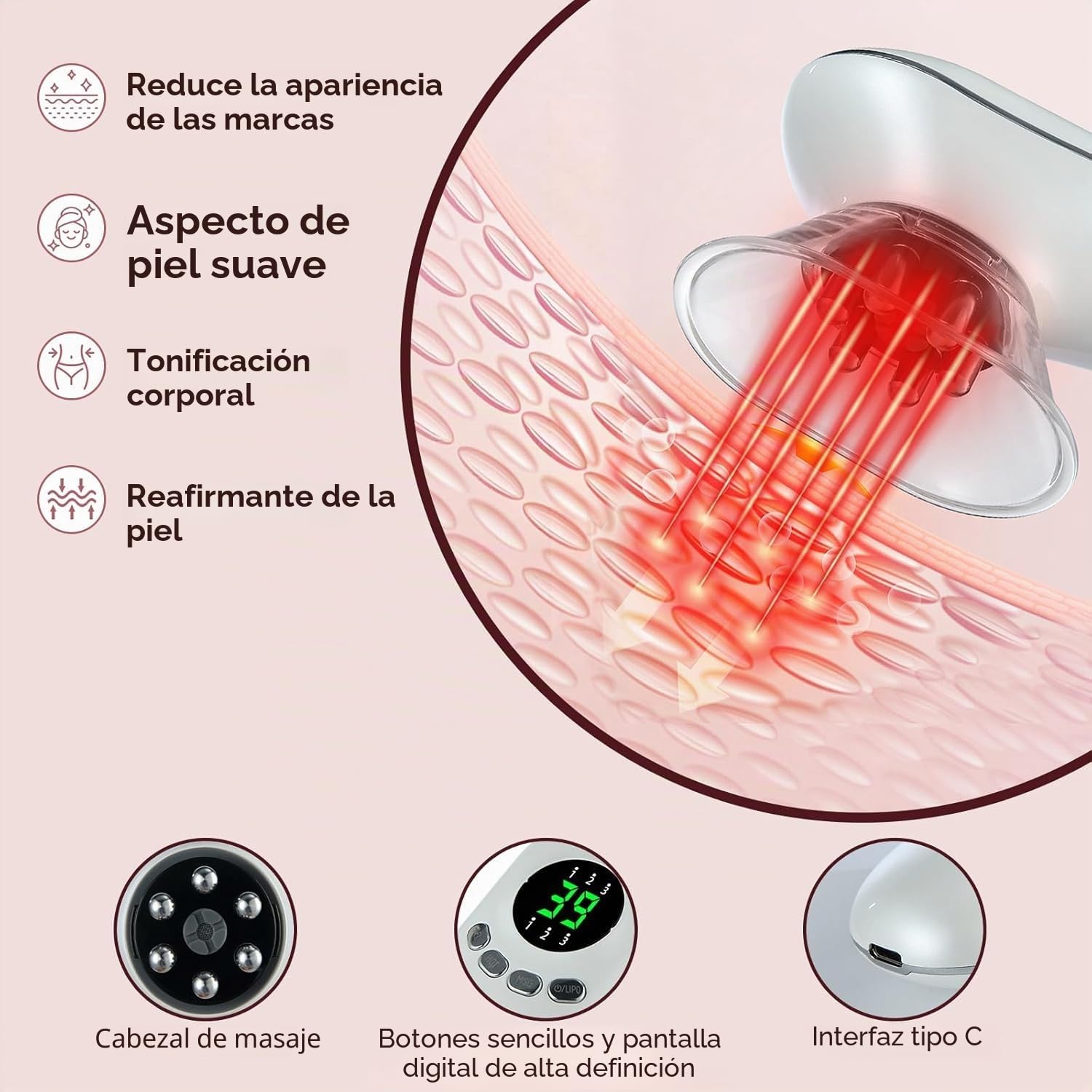 Masajeador Anticelulítico Reductor, 15-45 Kpa Masajeador De Ventosa | Calefacción De 4 Niveles, Con Microcorriente EMS y Luz Roja, Para Abdomen, Piernas, Glúteos y Fascias