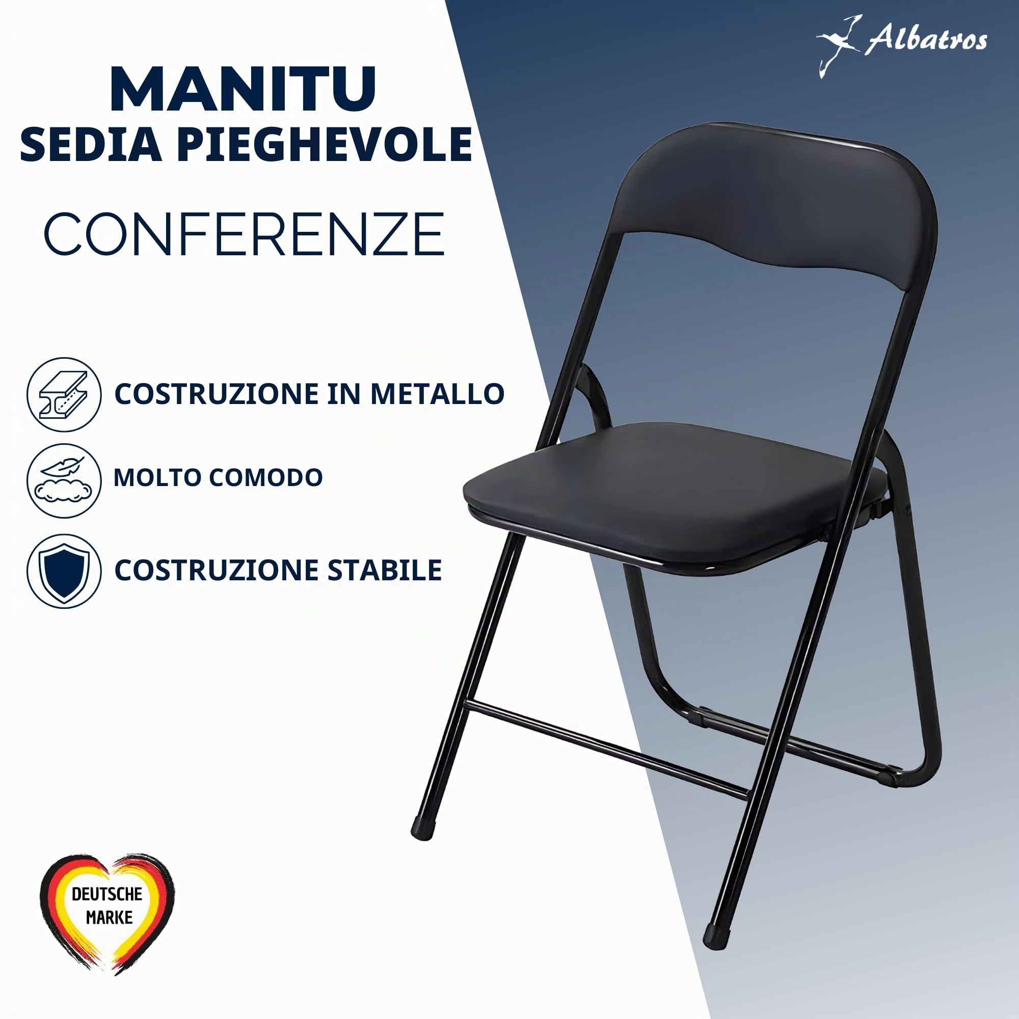 Albatros Manitu - Set di 4 sedie pieghevoli, telaio in metallo resistente, pieghevole, per visitatori