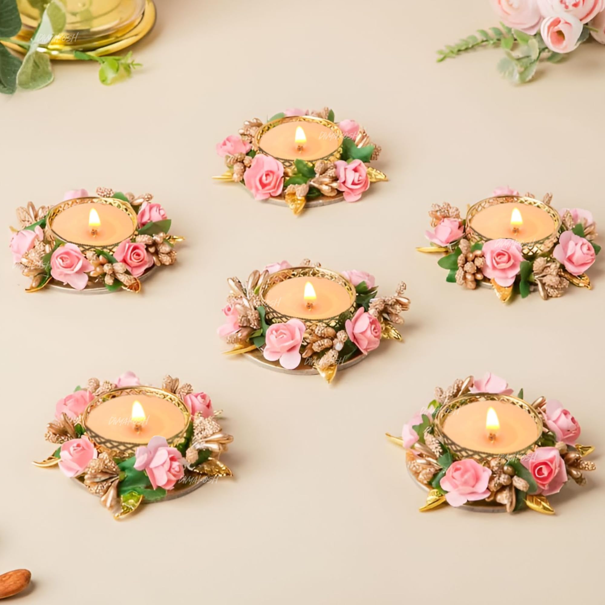 Metal Flower Tea Light Holder Stand Set of 6 Pcs with Wax Candle for Diwali,Rangoli,Handmade Tlight for Deepawali Decoration,Diya for Home Decor|Designer Holders,Multicolour