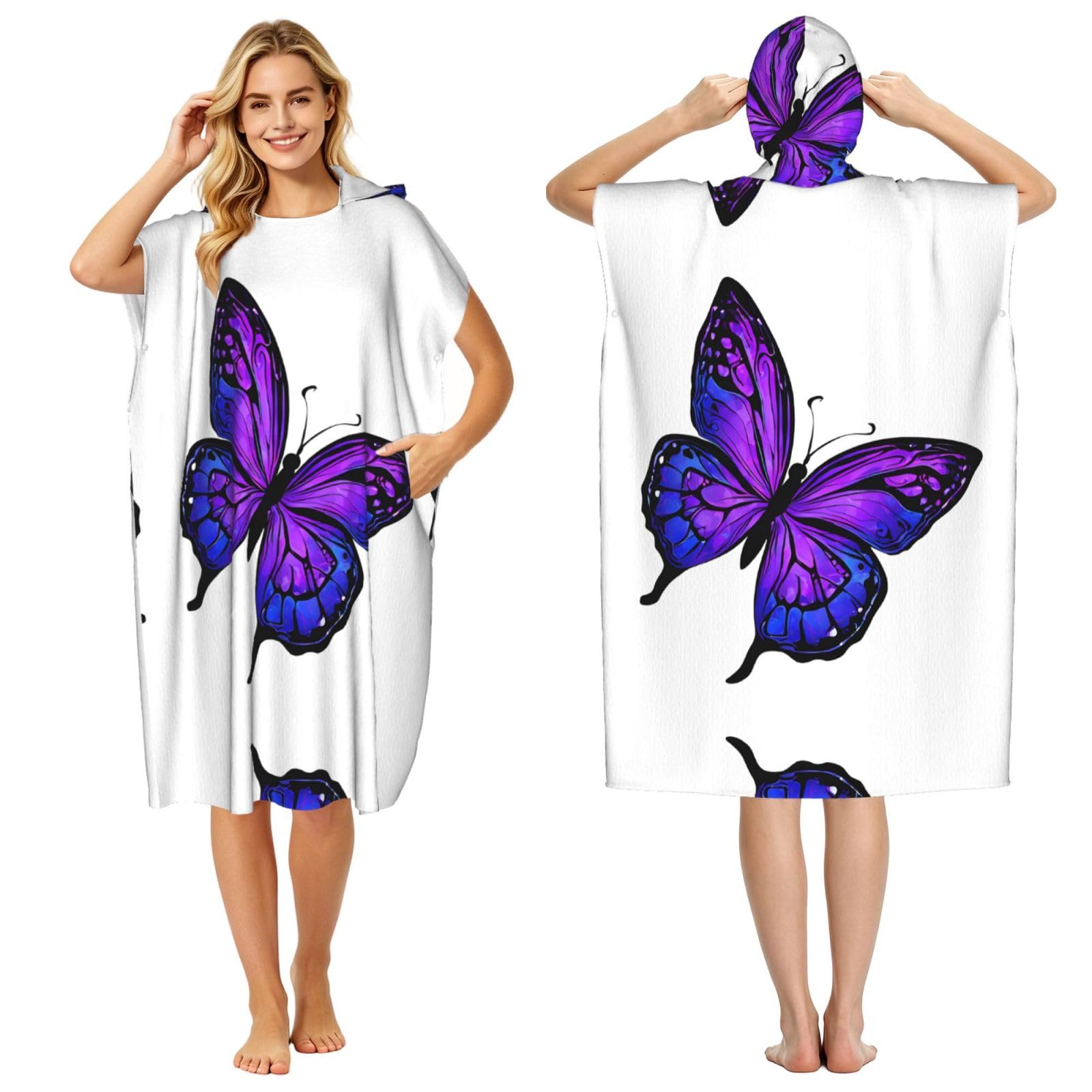 Peignoir à capuche papillon violet pour adulte, drap de plage léger