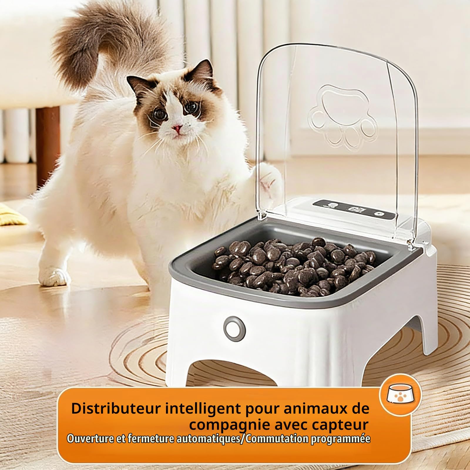 Mangeoire Automatique pour Chat – Capteur Intelligent, Bol de Nourriture Rabattable, Amovible Distributeur De Nourriture pour Animaux De Compagnie avec Affichage LCD, Acier Inoxydable, Noir