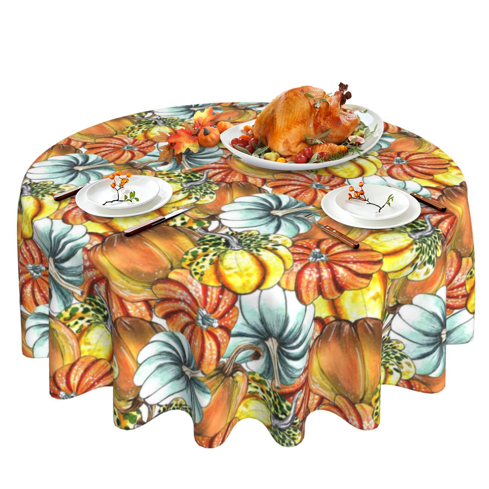 Tolmz Pumpkin Thanksgiving Fall Round Tablecloth - 60 Inch Washable Reusable Table Cloth For Home Parties Dinner Picnic Dining Kitchen Decor
